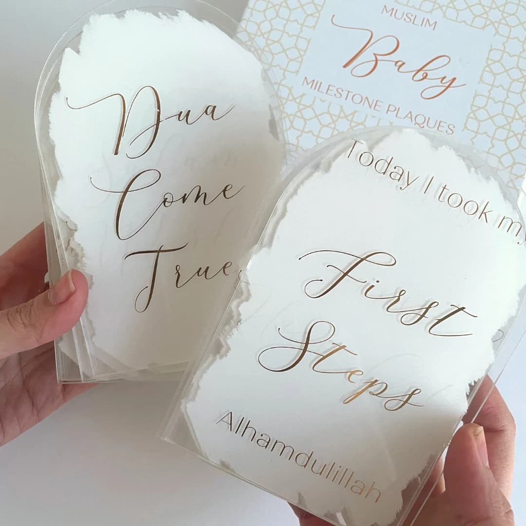 Muslim Baby Milestone Acrylic Plaques 24pk - White & Gold Baby Milestones Gift Set for New Baby Shower Gift New Muslim Parent Islamic Gift