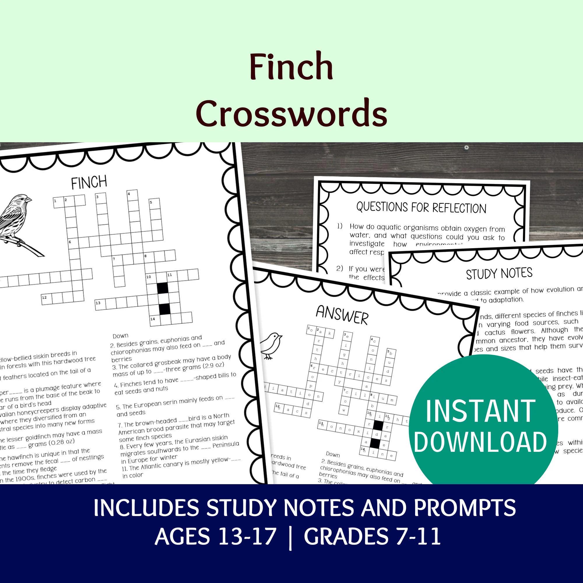 Finch Crossword Puzzle, Printable Biology Bell Ringer, Science Adaptations Sub Plan and Lesson