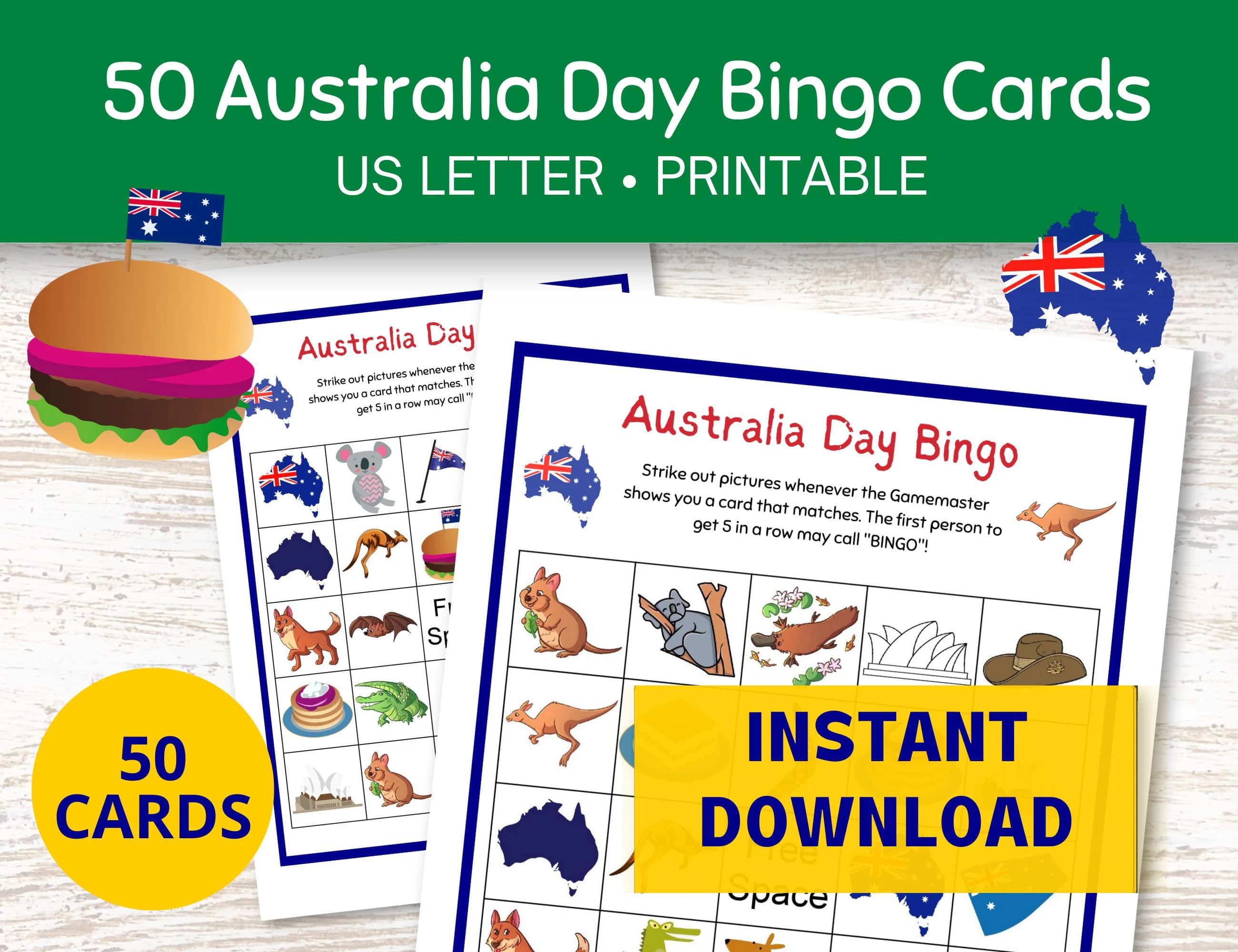 Australia Day Bingo, 50 Straya Day Bingo Printable Cards, Australian Theme Games