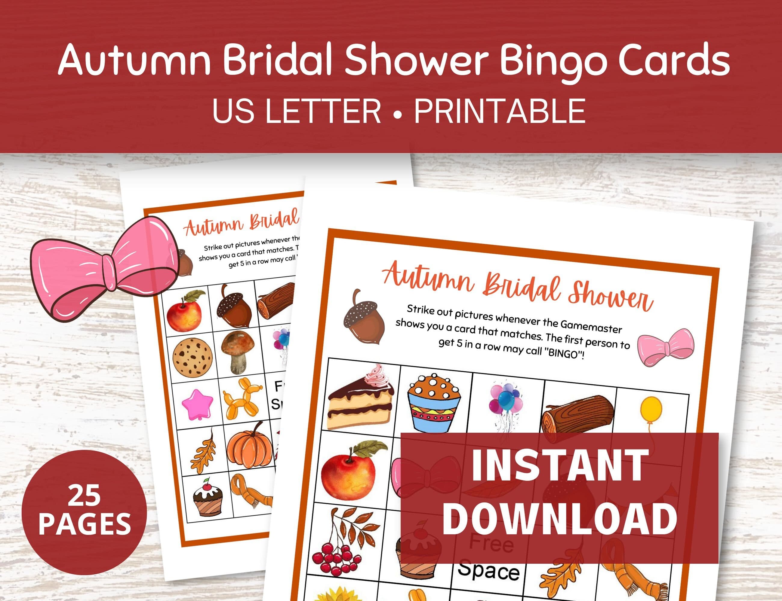 Autumn Bridal Shower Games Printable, 25 Cards Fall Bridal Shower Games