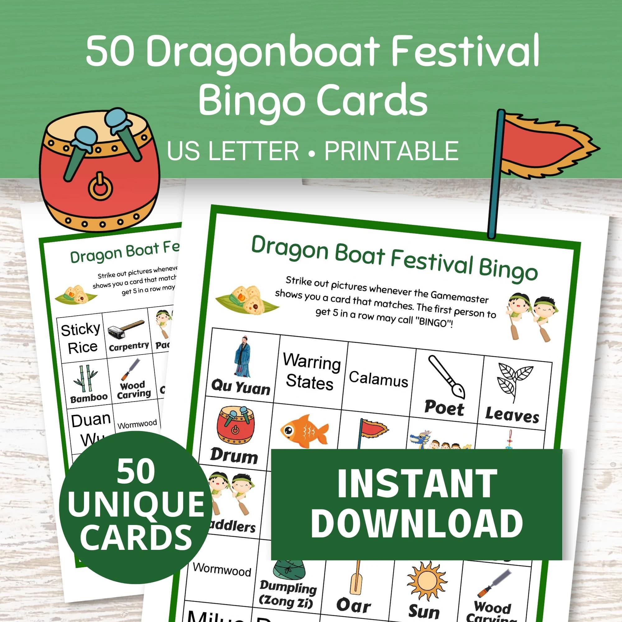 Dragonboat Festival Bingo, 50 Printable Bingo Cards PDF, Duan Wu Jie Game, Chinese Holiday Activity for Kids