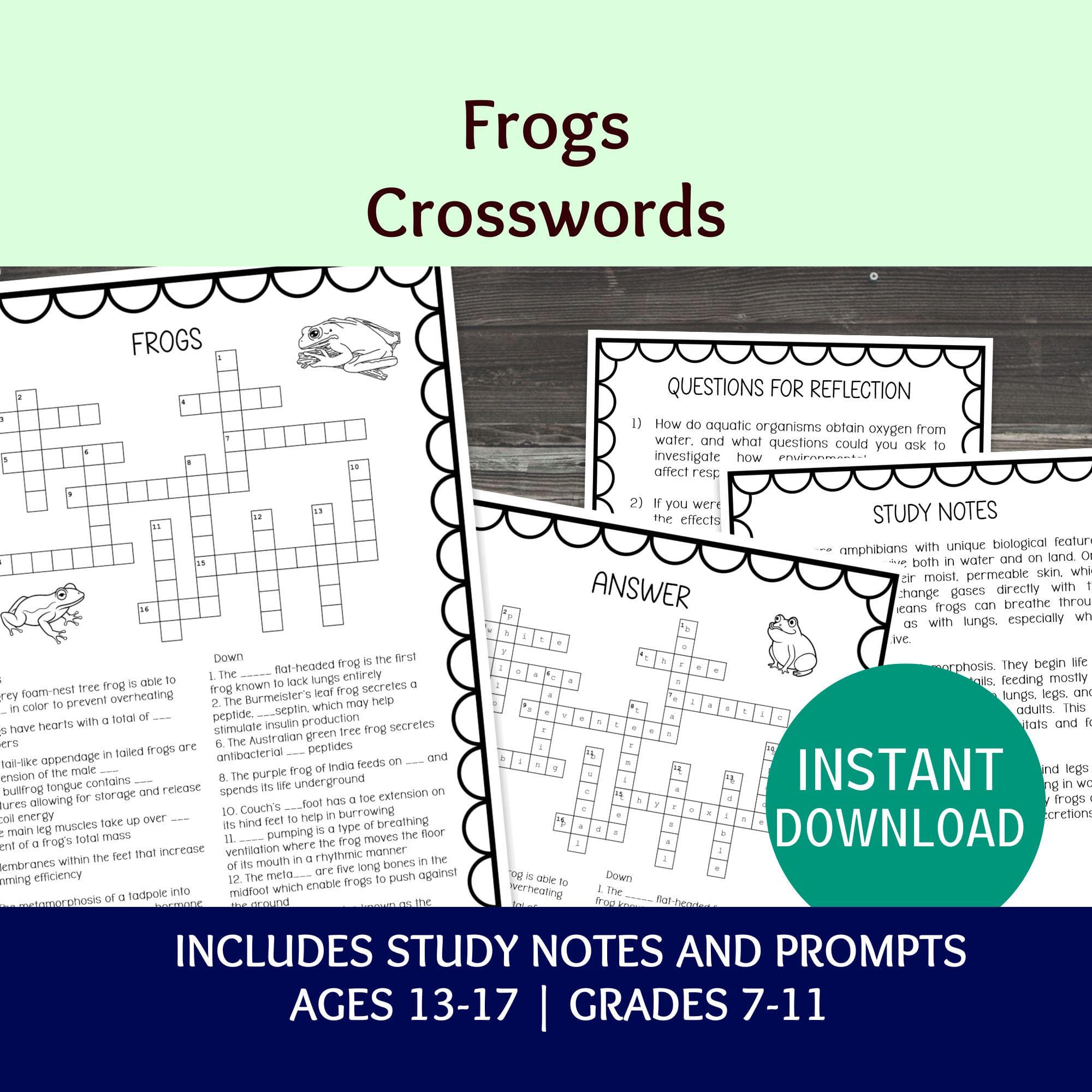 Frogs Crossword Puzzle, Printable Biology Adaptations Bell Ringer, Science Classroom Games