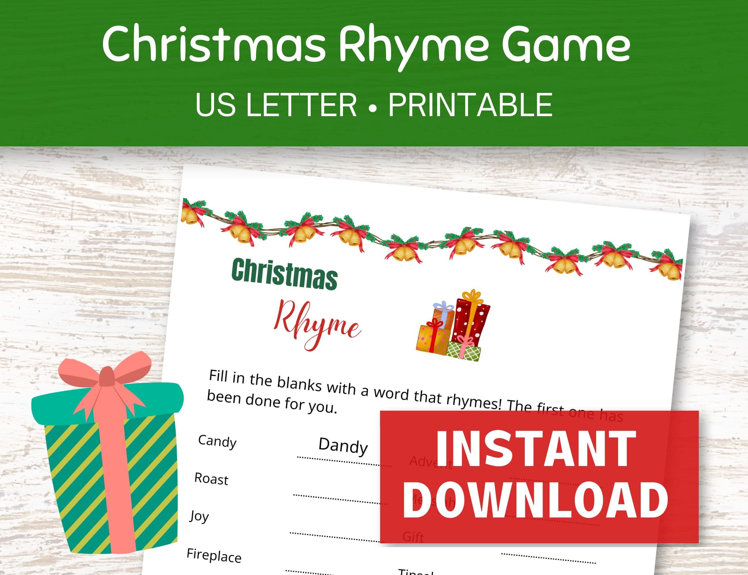 Christmas Rhyme Game Printable, Christmas Party Games for Adults, Christmas Icebreaker