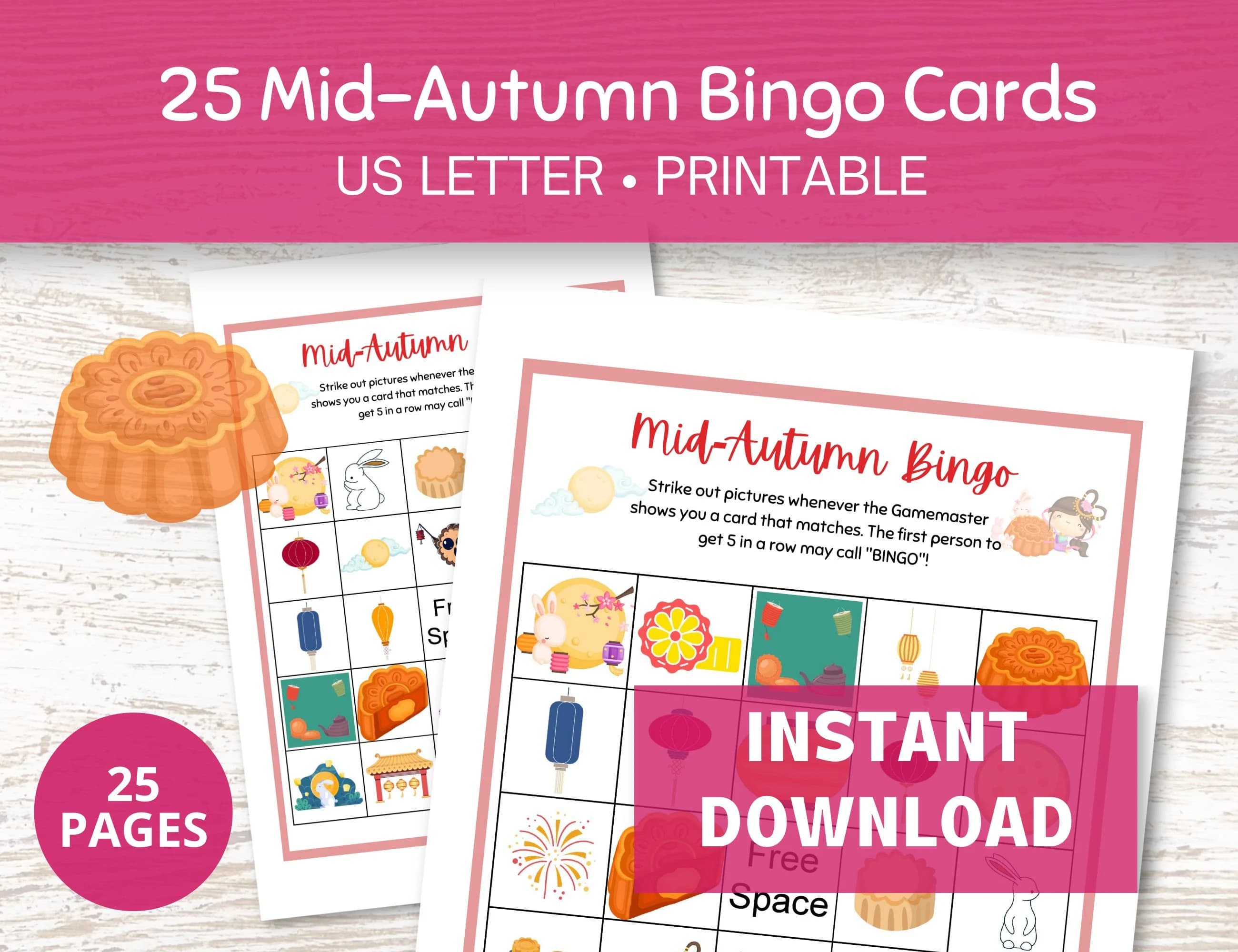 Mid-Autumn Festival Bingo Cards, 25 Cards for Mooncake Festival, Mid Autumn Festival Printable Party Games