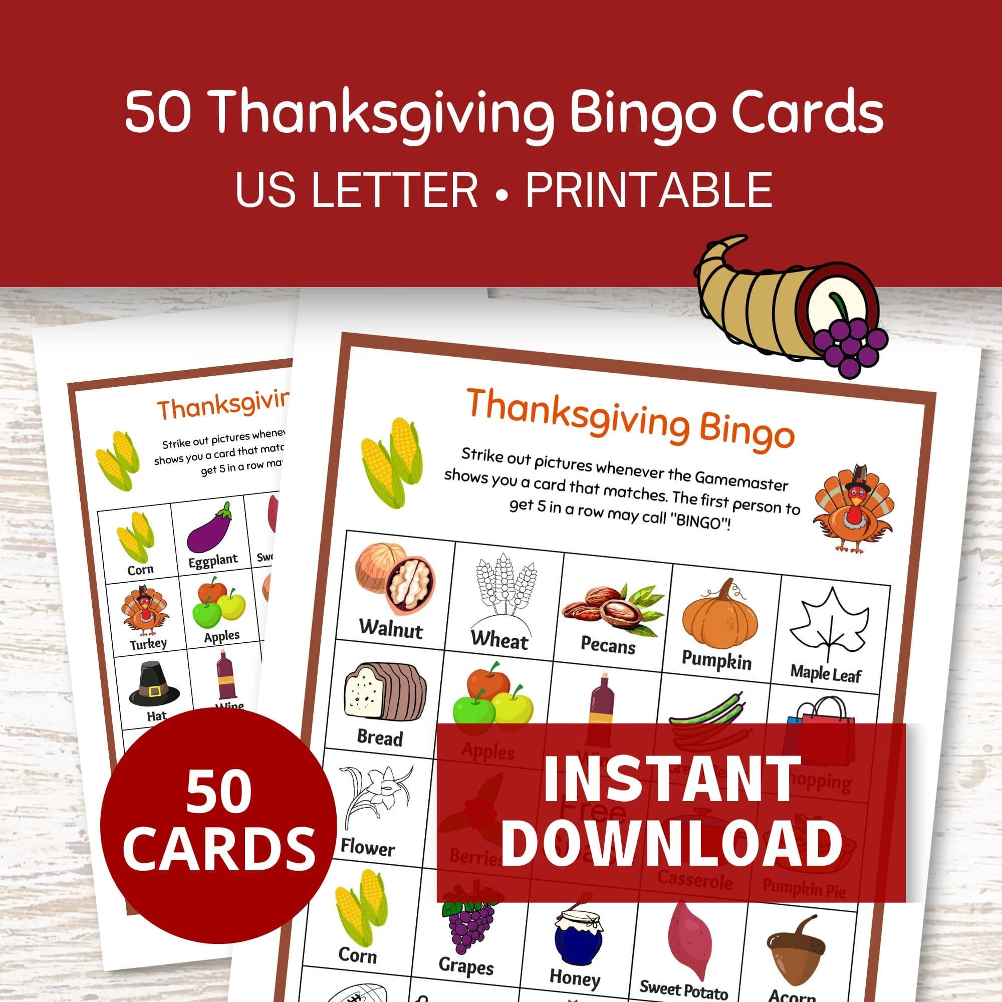 Thanksgiving Bingo Cards Printable, 50 Bingo Cards PDF, Fall Thanksgiving Games For Kids and Family