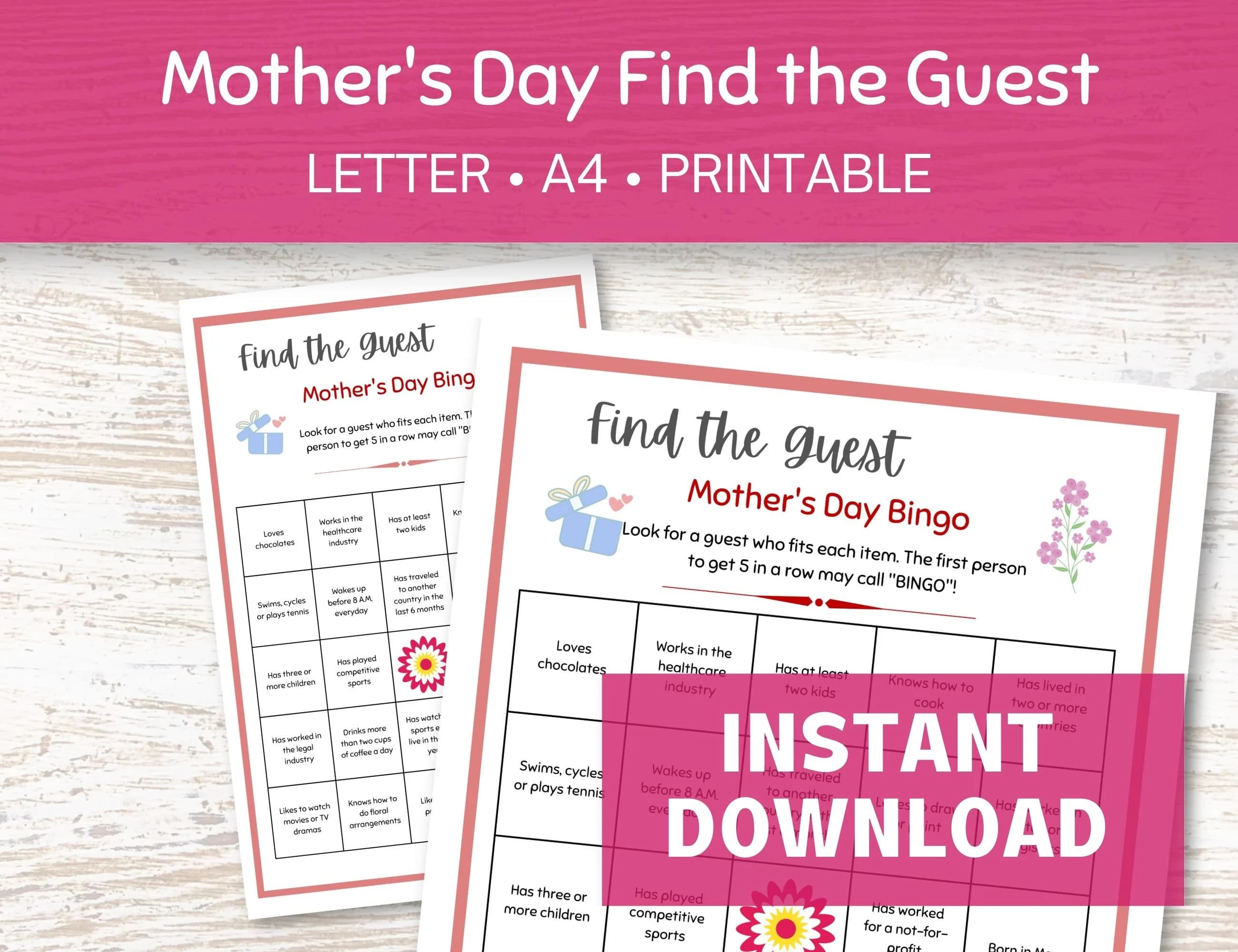 Mother’s Day Bingo Printables, Find the Guest Game in Letter and A4 Sizes