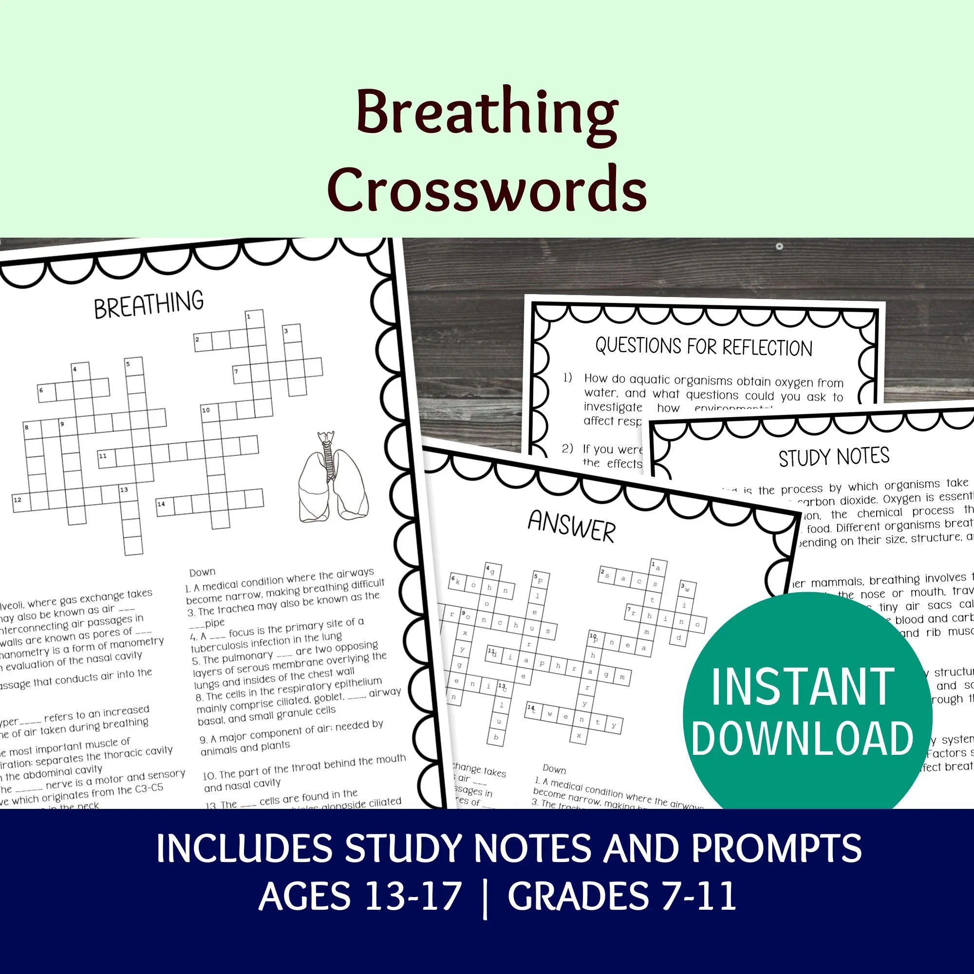 Breathing Crossword Puzzle, Printable Biology Bell Ringer Worksheets, Science Sub Tub Activities