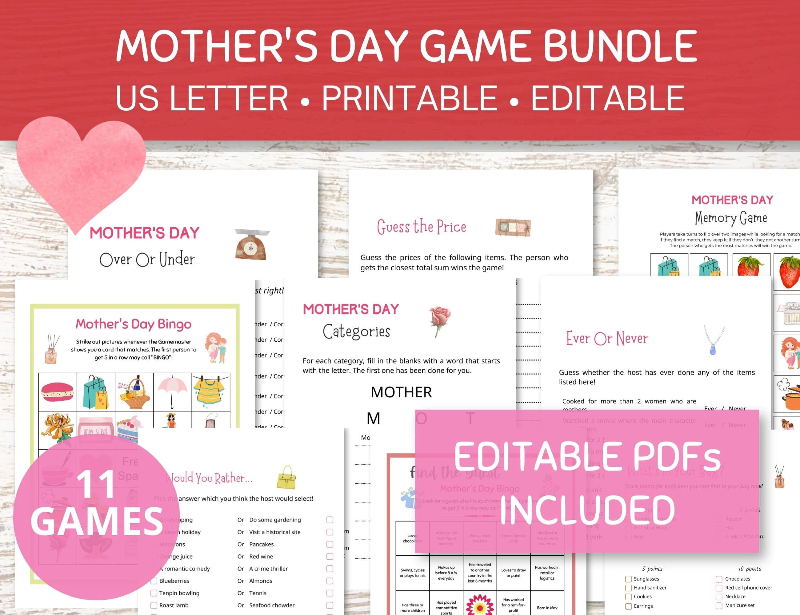 Mother’s Day Game Bundle, 11 Editable Mother’s Day Activities Printable, Mother’s Day Bingo Cards and Party Games