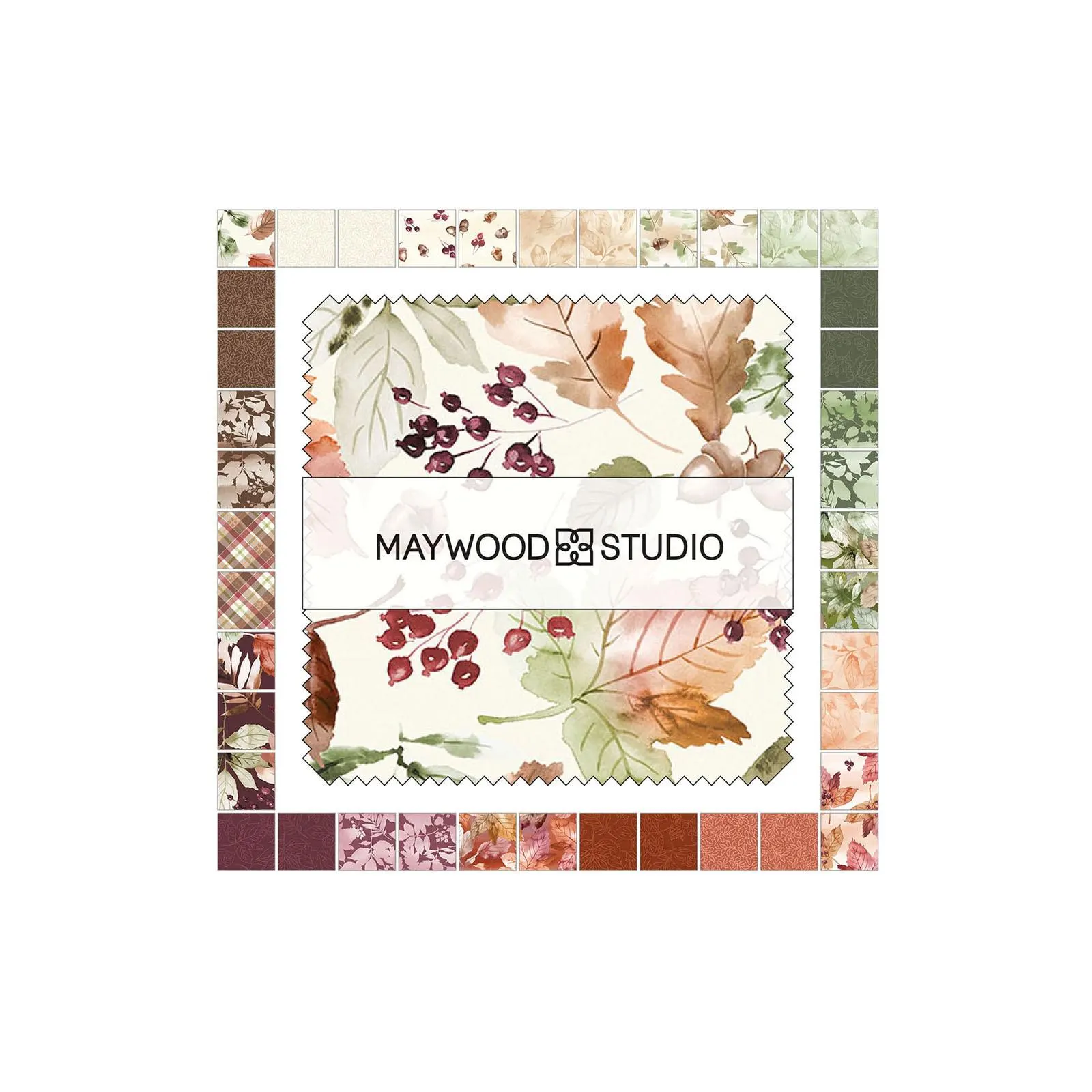 Rustle Autumn Maywood Leaves Acorn White Rust Green Orange Fabric 5 Inch Squares Charm