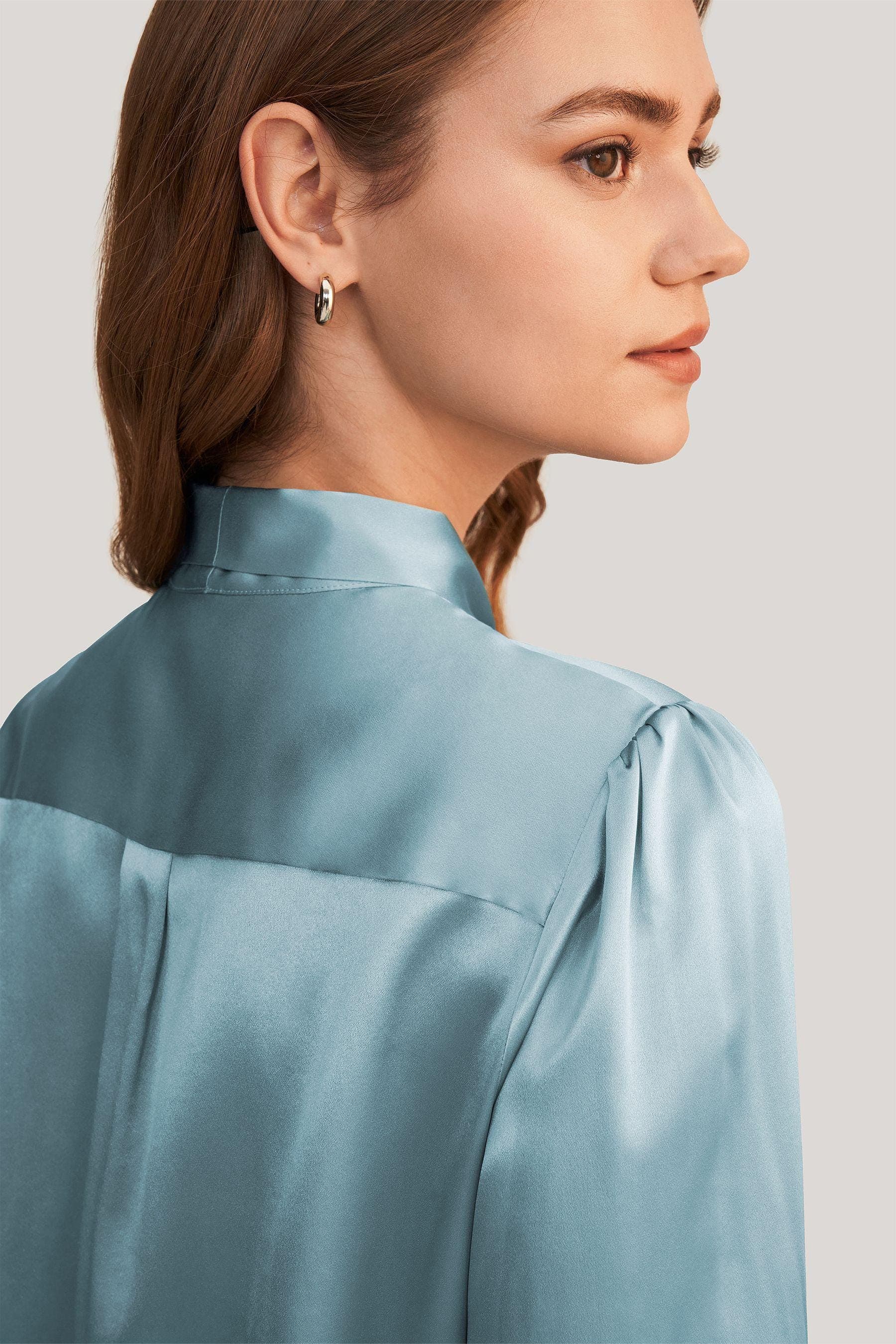 Women Bow-tie Neck Silk Blouse in blue haze | Modest Fashion |Made to measure available|More colours available |Tzinut Styles |Kosher outfit - image 4