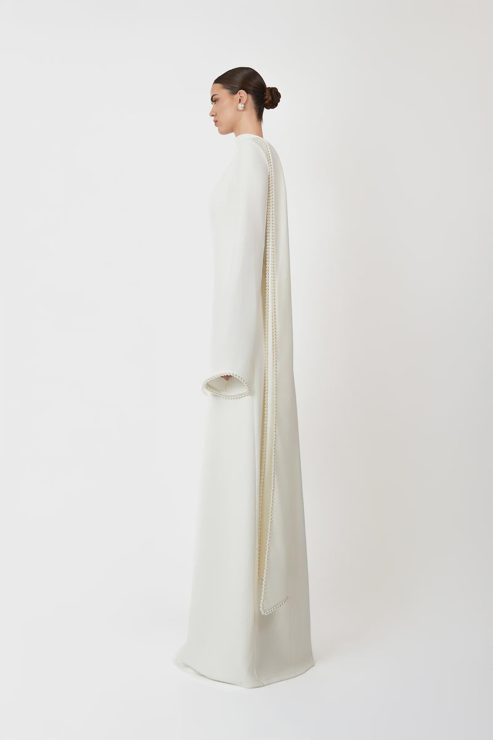 A-line pearl trimm Maxi Dress - Off White | Tzinut Fashion | Modest Gown | Shabbat outfits | Custom made available | More colours available - image 5