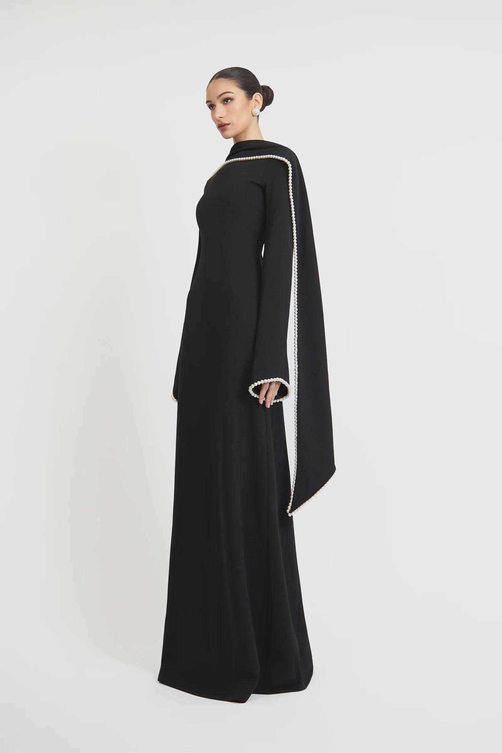 A-line pearl trimm Maxi Dress - Black | Tzinut Fashion | Modest Gown | Shabbat outfits | Custom made available | More colours available - image 3