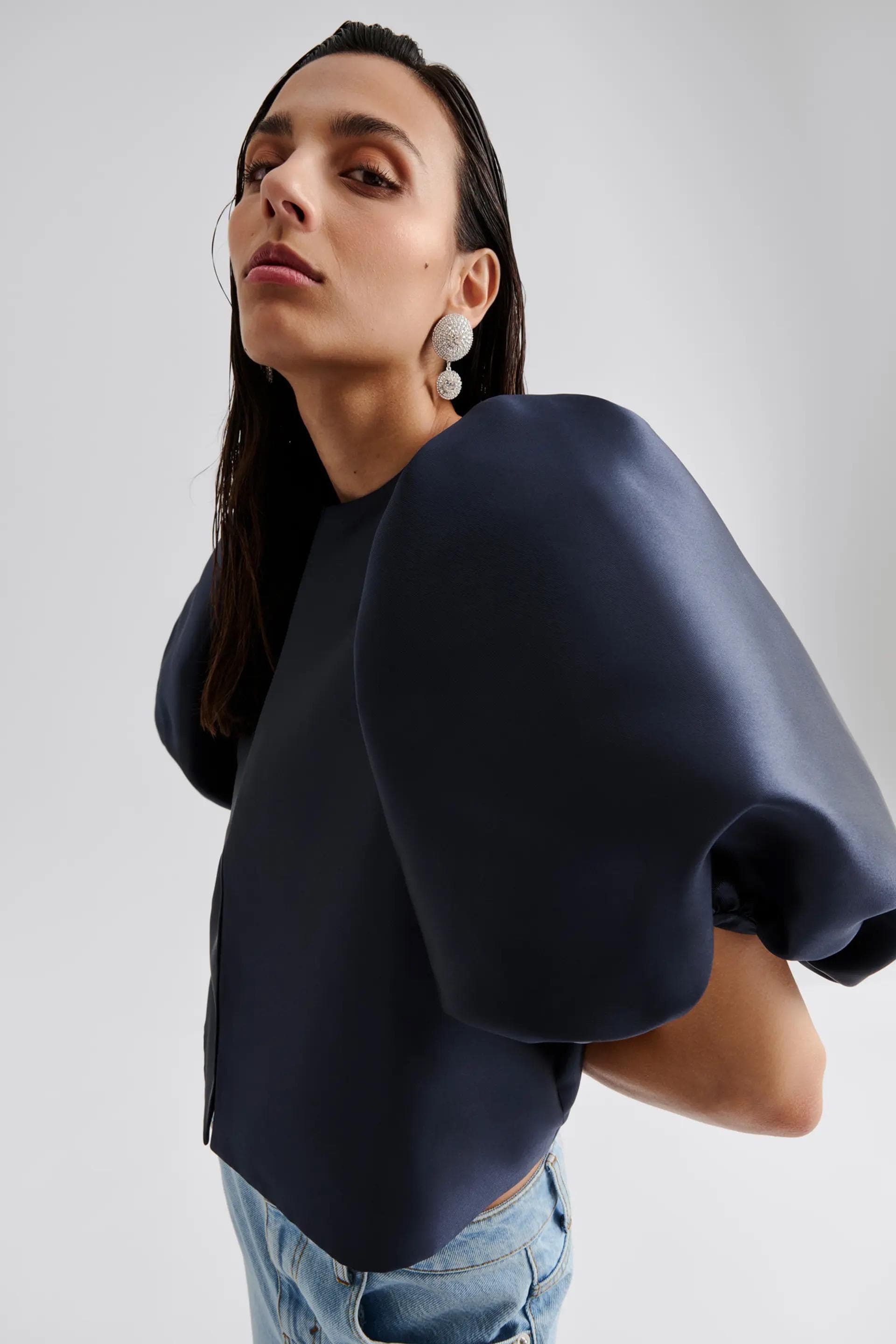 Blouse with pouf balloon sleeve in navy | Modest Fashion | Elegant style | Women business outfit| Made to measure available |more colours - image 4