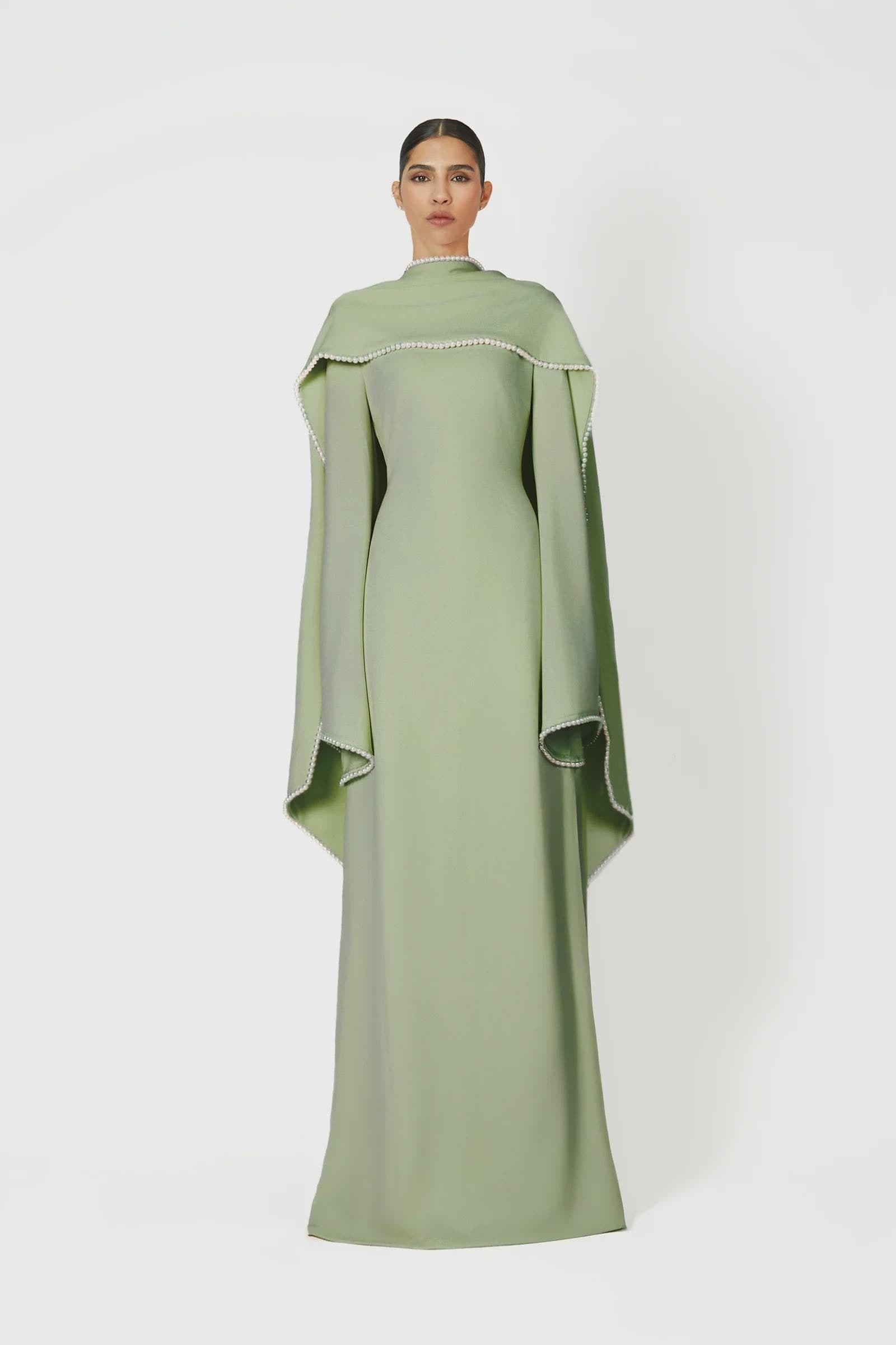 A-line pearl trim Maxi Dress -  Sage Green | Tzinut Fashion | Modest Gown | Shabbat outfits | Custom made available | More colours available