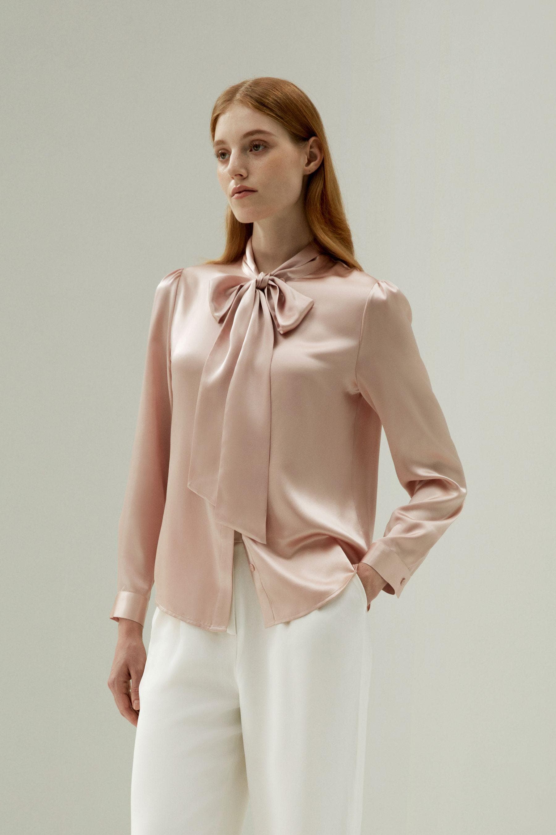 Women Bow-tie Neck Satin Blouse in pink| Modest Fashion | Made to measure available| More colours available |Tzinut Styles | Kosher outfit - image 3