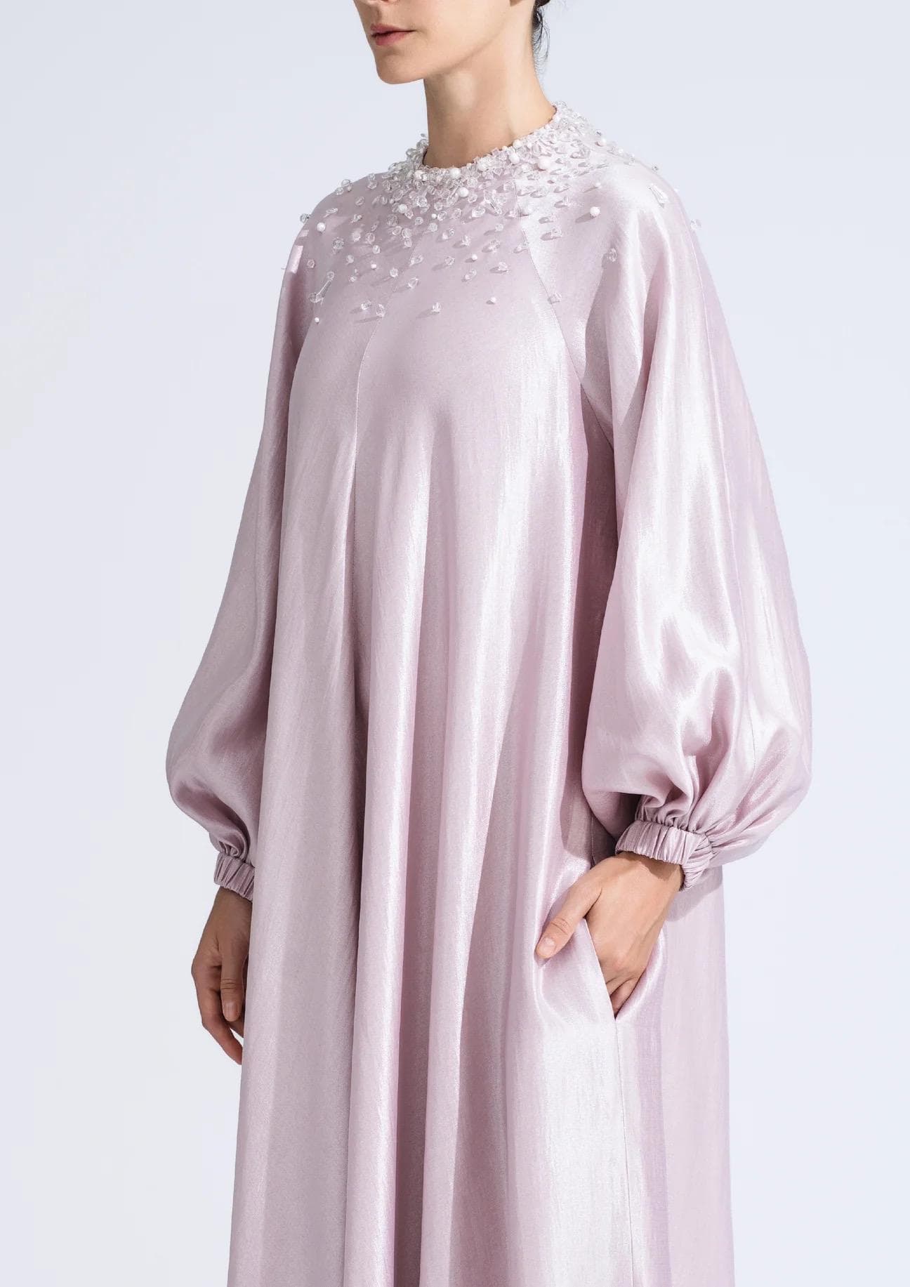 A-line silhouette blush kaftan | Modest Satin Dress for Special Occasions | Modest fashion | custom made available | Midi satin modest dress