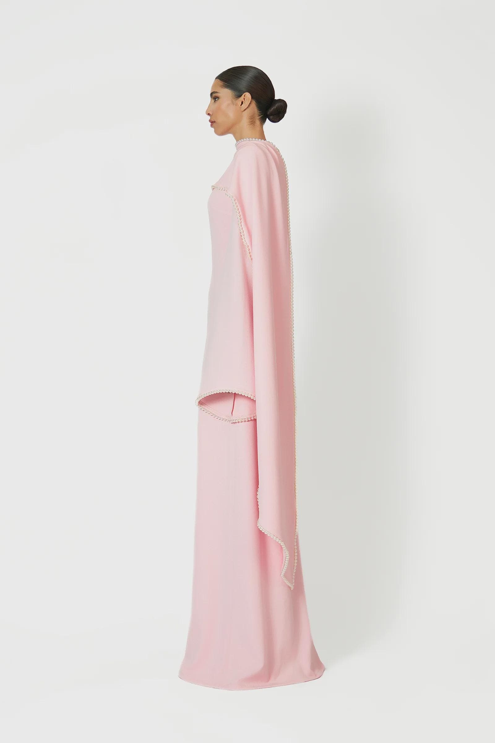 A-line pearl trim Maxi Dress -  Blush Pink | Tzinut Fashion | Modest Gown | Shabbat outfits | Custom made available | More colours available - image 5