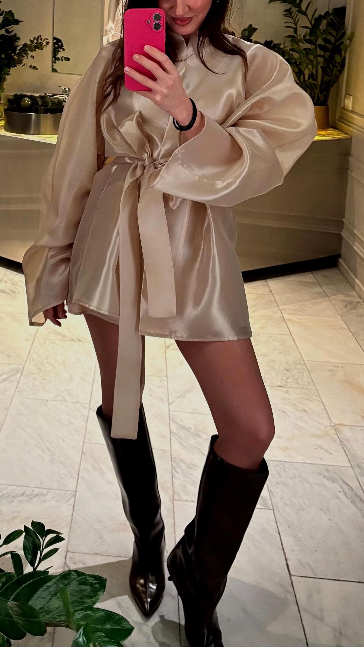 Champagne Satin Wrap Mini Dress, Statement Sleeves, Evening Outfit - image 5