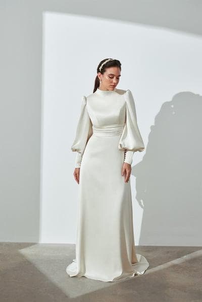 Satin hight neck gown| Tzinut Fashion | Modest Gown | Shabbat outfits | Custom made available | More colours available| Mother of Bride