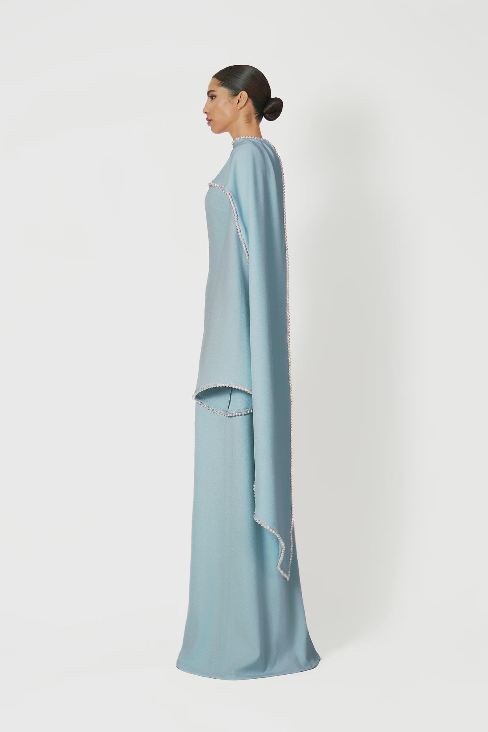 A-line pearl trimm Maxi Dress -  Baby Blue | Tzinut Fashion | Modest Gown | Shabbat outfits | Custom made available | More colours available - image 5