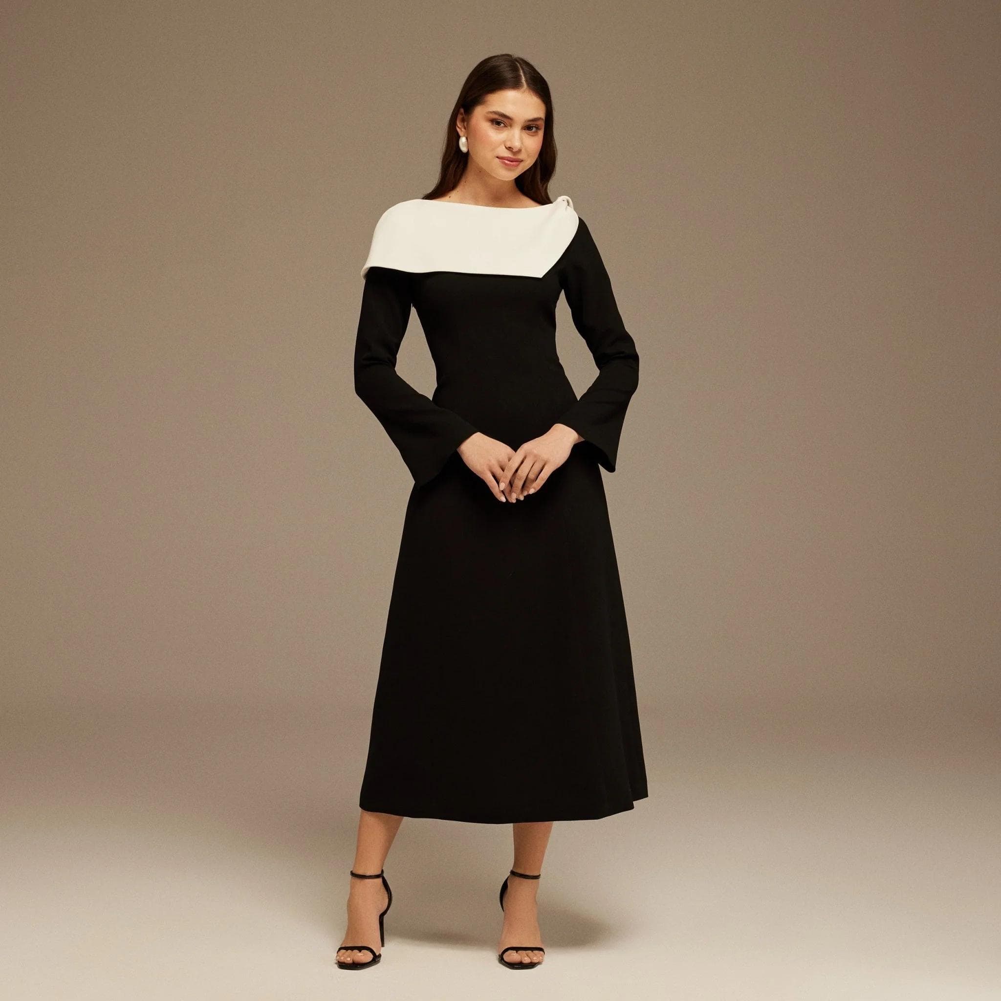 Black and White Folded Neck Long Sleeve Crepe Dress |Tzinut Fashion | Modest Gown | Shabbat outfits | Custom made available | - image 4