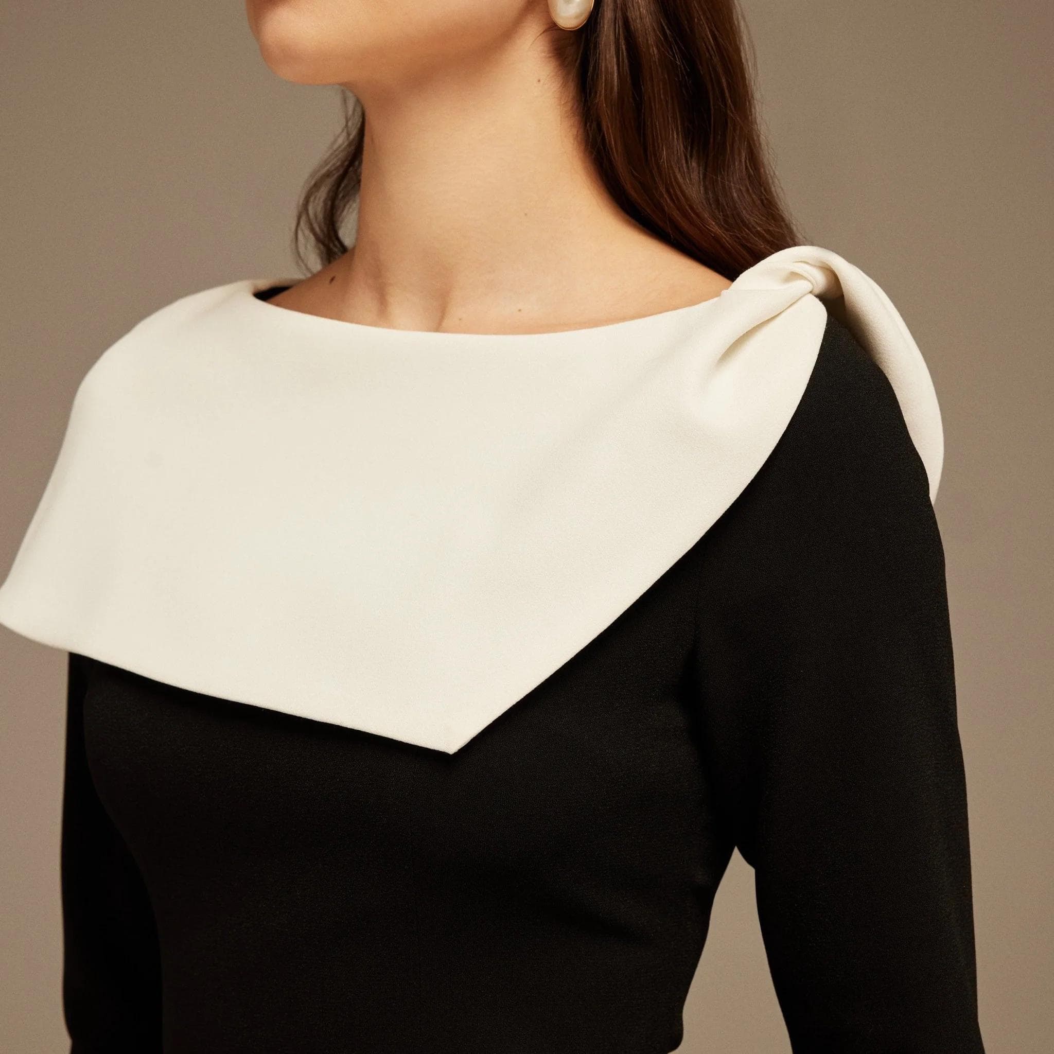 Black and White Folded Neck Long Sleeve Crepe Dress |Tzinut Fashion | Modest Gown | Shabbat outfits | Custom made available | - image 3