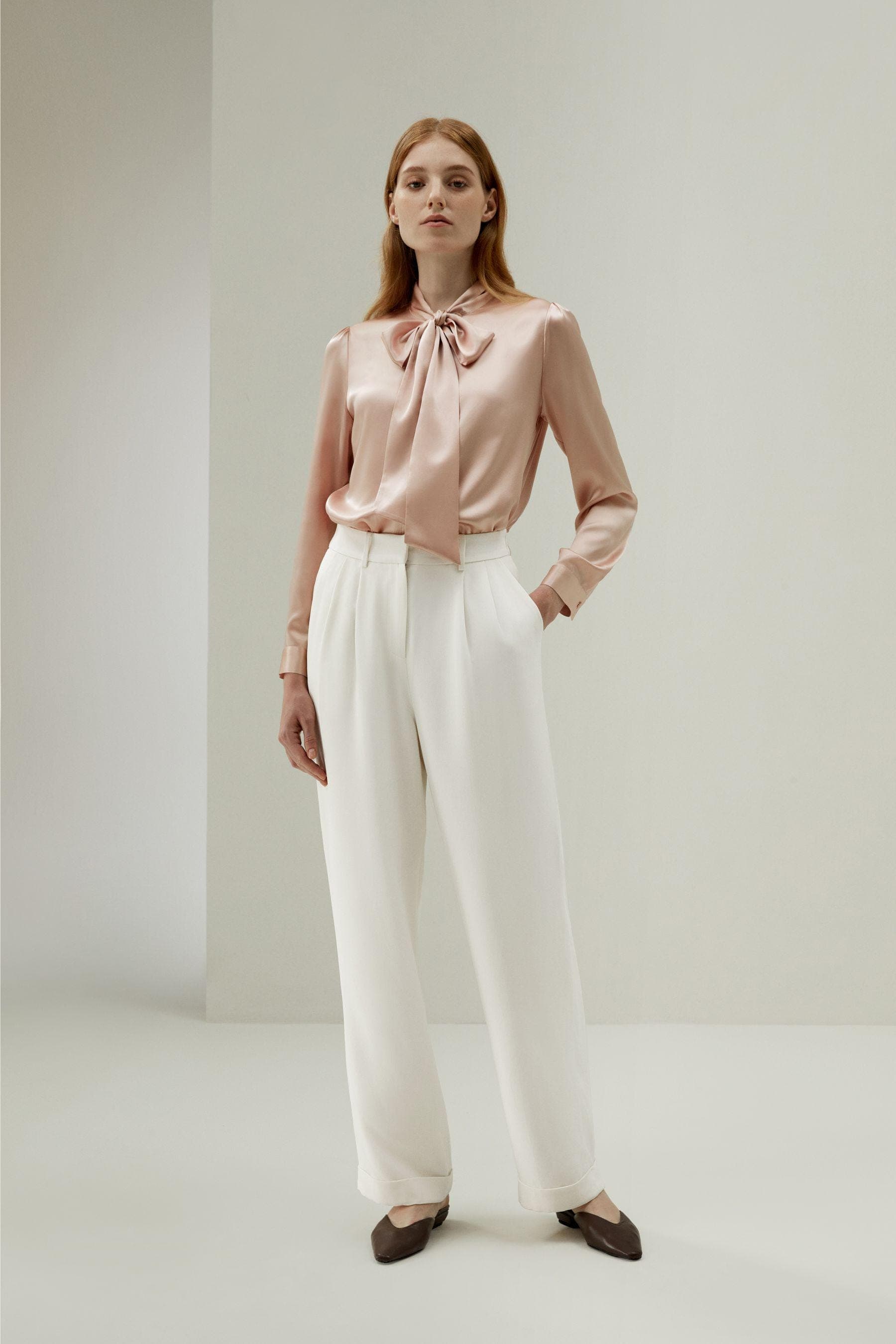 Women Bow-tie Neck Satin Blouse in pink| Modest Fashion | Made to measure available| More colours available |Tzinut Styles | Kosher outfit - image 4