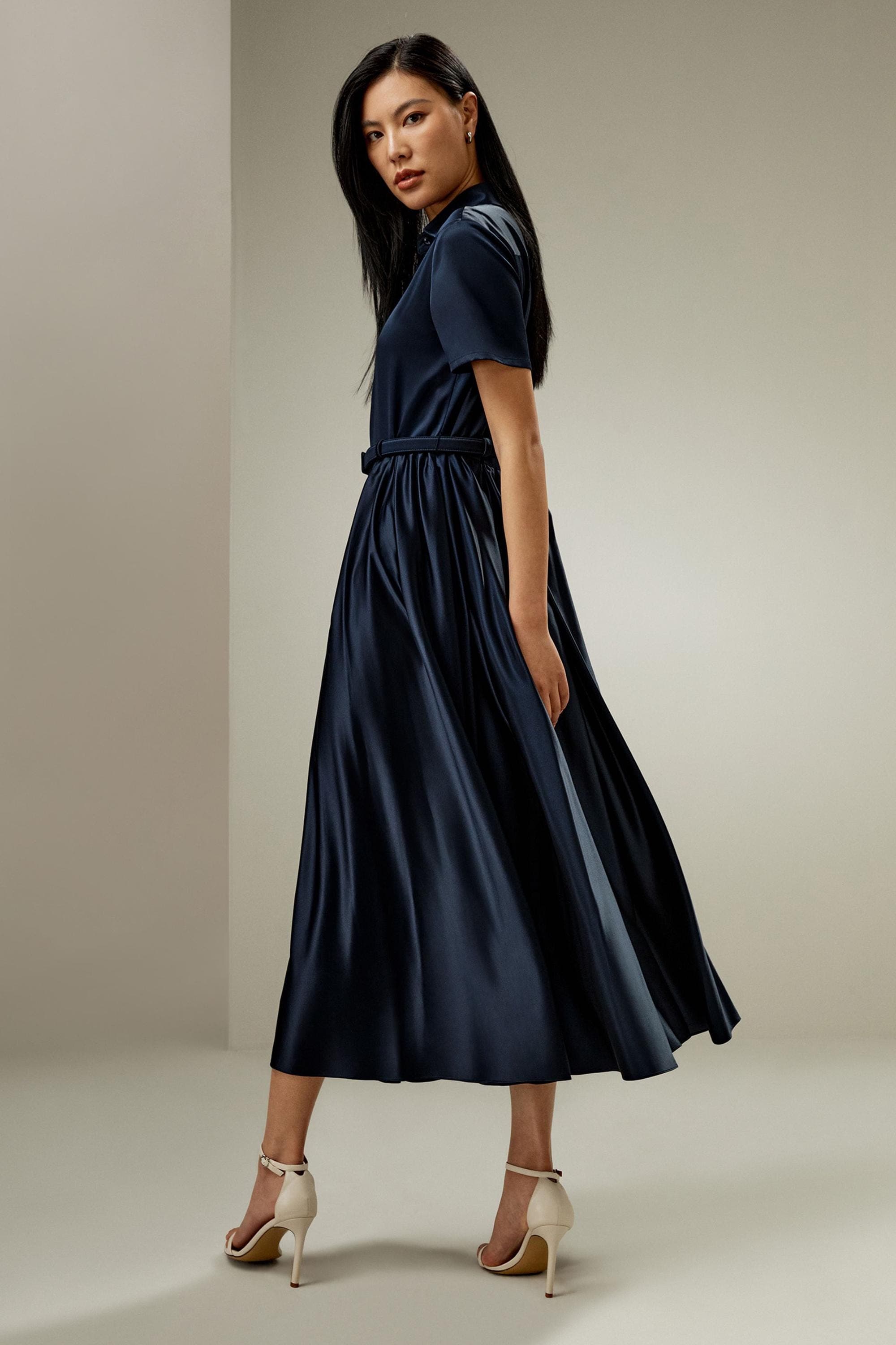 Elegant Navy Satin Dress | Modest Satin Dress for Special Occasions |  Modest fashion |  custom made available  | Midi satin modest dress - image 3