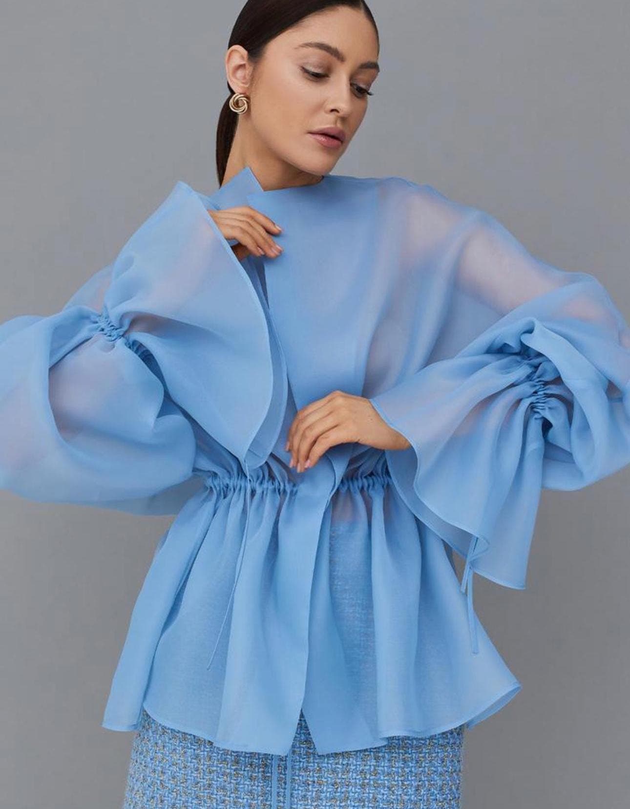 Organza blouse blue ruffled  sleeves| Can be lined  | modest top | Tzinut clothing | Minimalist design | Custom made