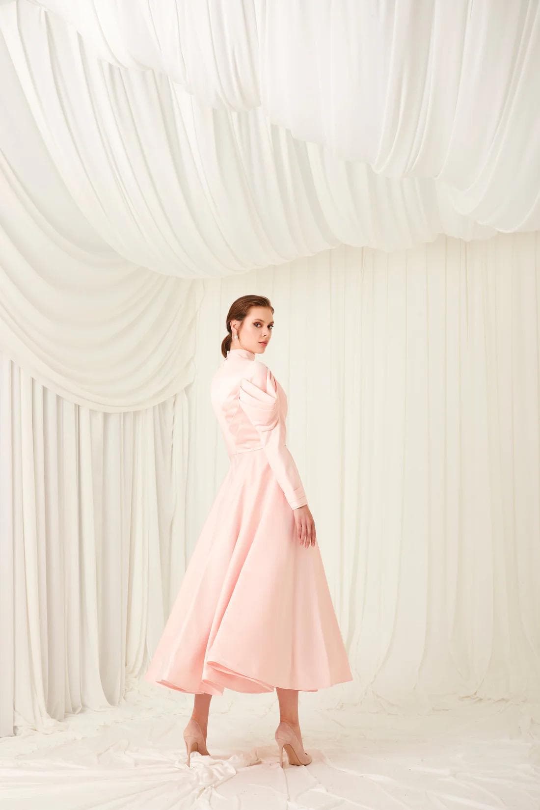 Drapped sleeve midi Gown | Modest Taffeta Dress for Special Occasions |  Modest fashion |  custom made available  | Taffeta modest gown - image 2