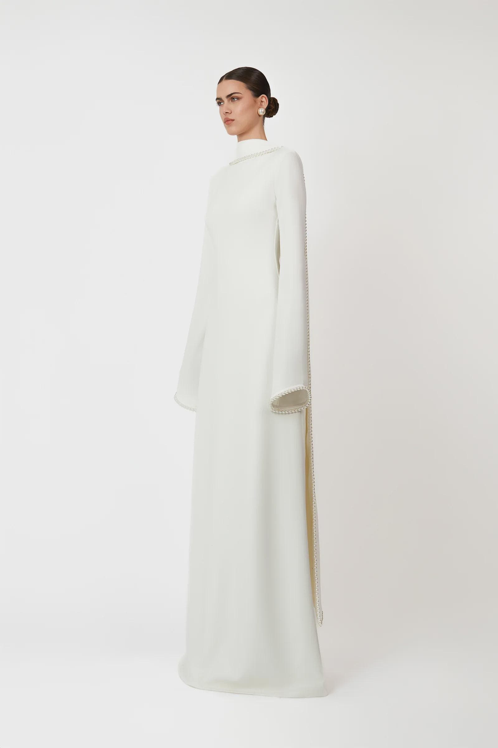A-line pearl trimm Maxi Dress - Off White | Tzinut Fashion | Modest Gown | Shabbat outfits | Custom made available | More colours available - image 3