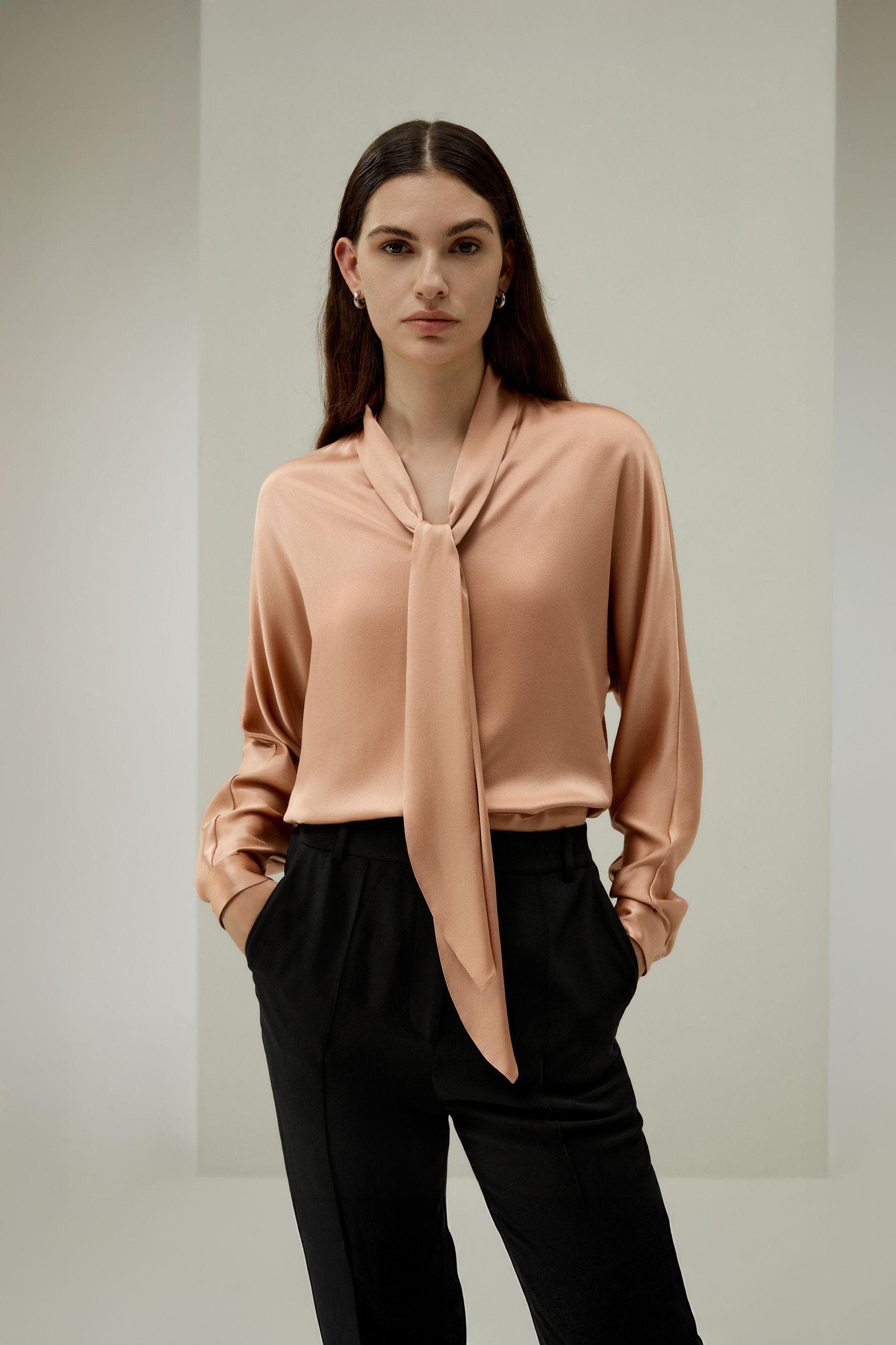 Chic Bat Sleeve satin Top with Adjustable Neck Tie | Modest Fashion | Elegant business outfits| shabbat outfits|custom made available