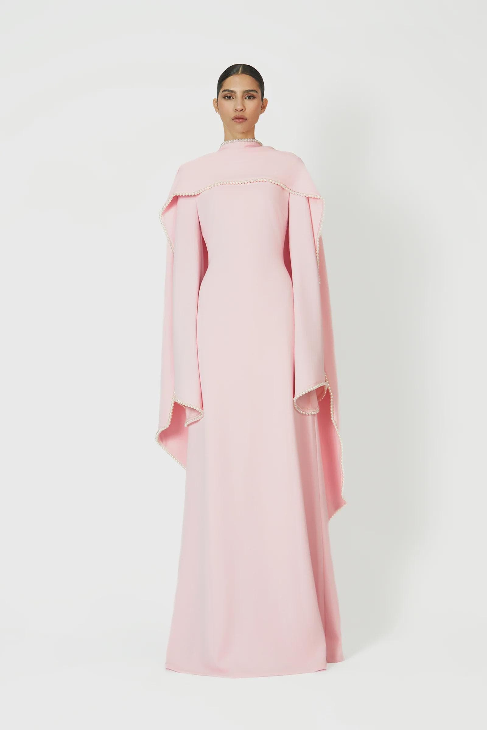 A-line pearl trim Maxi Dress -  Blush Pink | Tzinut Fashion | Modest Gown | Shabbat outfits | Custom made available | More colours available
