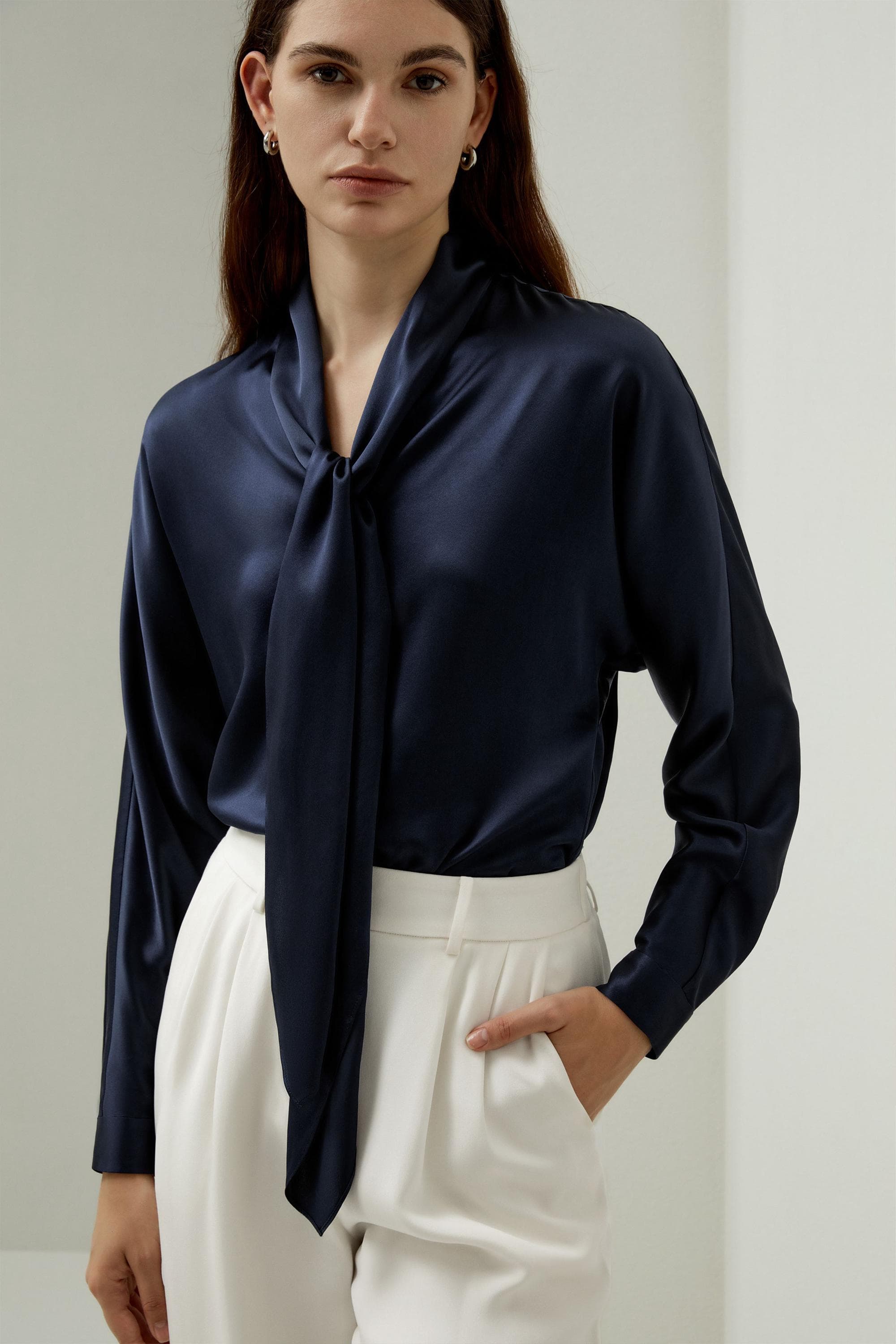 Batwing Satin Top with Adjustable Neck Tie | Modest Fashion | Elegant style | Women business outfit| Made to measure available |more colours - image 5
