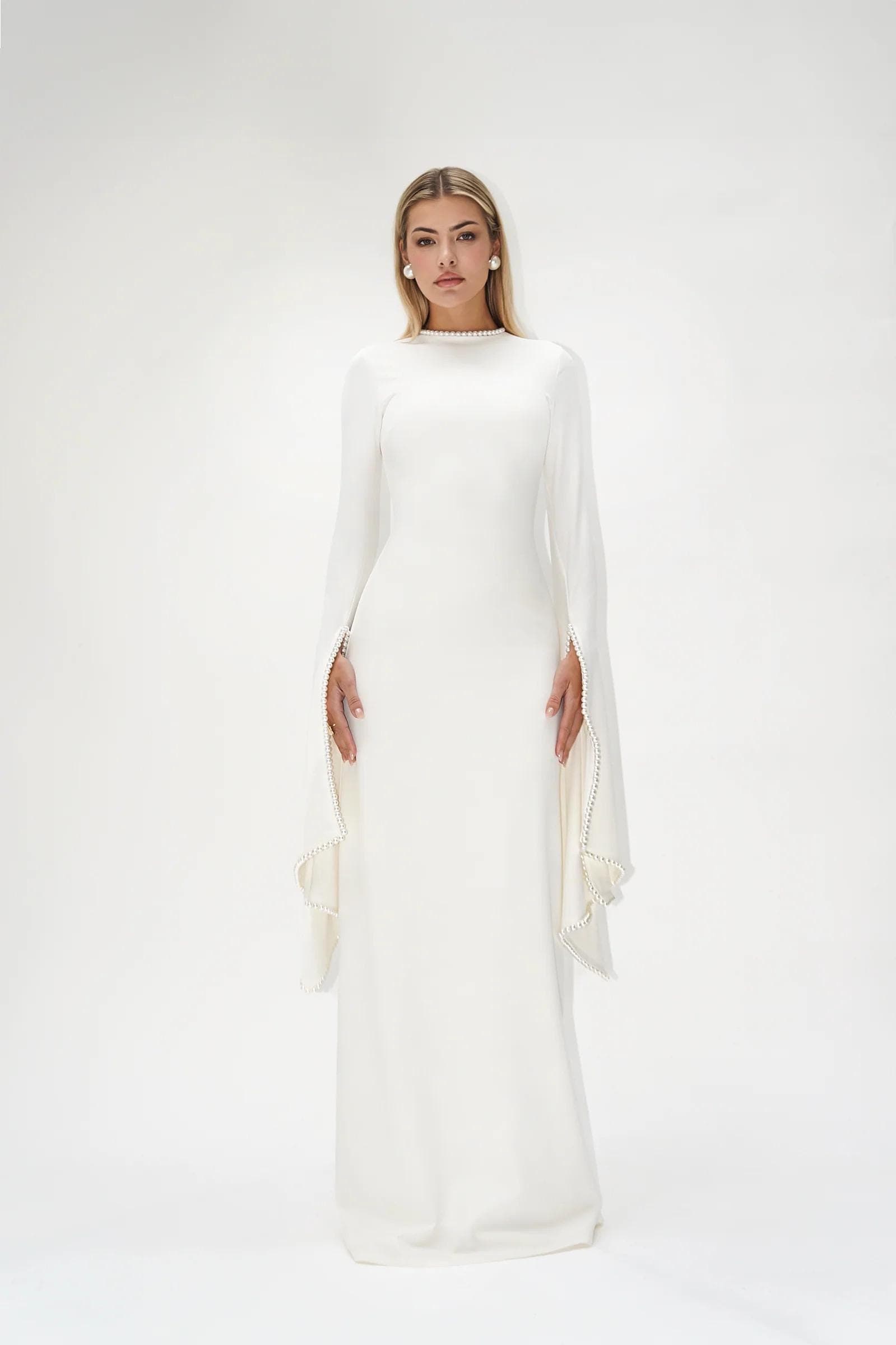 A-line pearl trimm Sleeves Maxi Dress - Off White | Tzinut Fashion | Modest Gown | Shabbat outfits | Custom made available - image 2