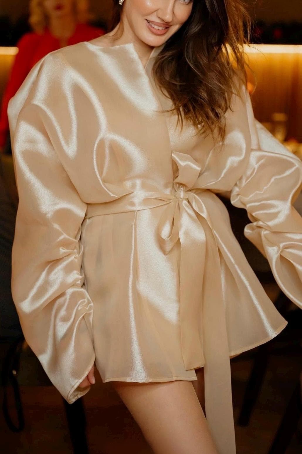 Champagne Satin Wrap Mini Dress, Statement Sleeves, Evening Outfit