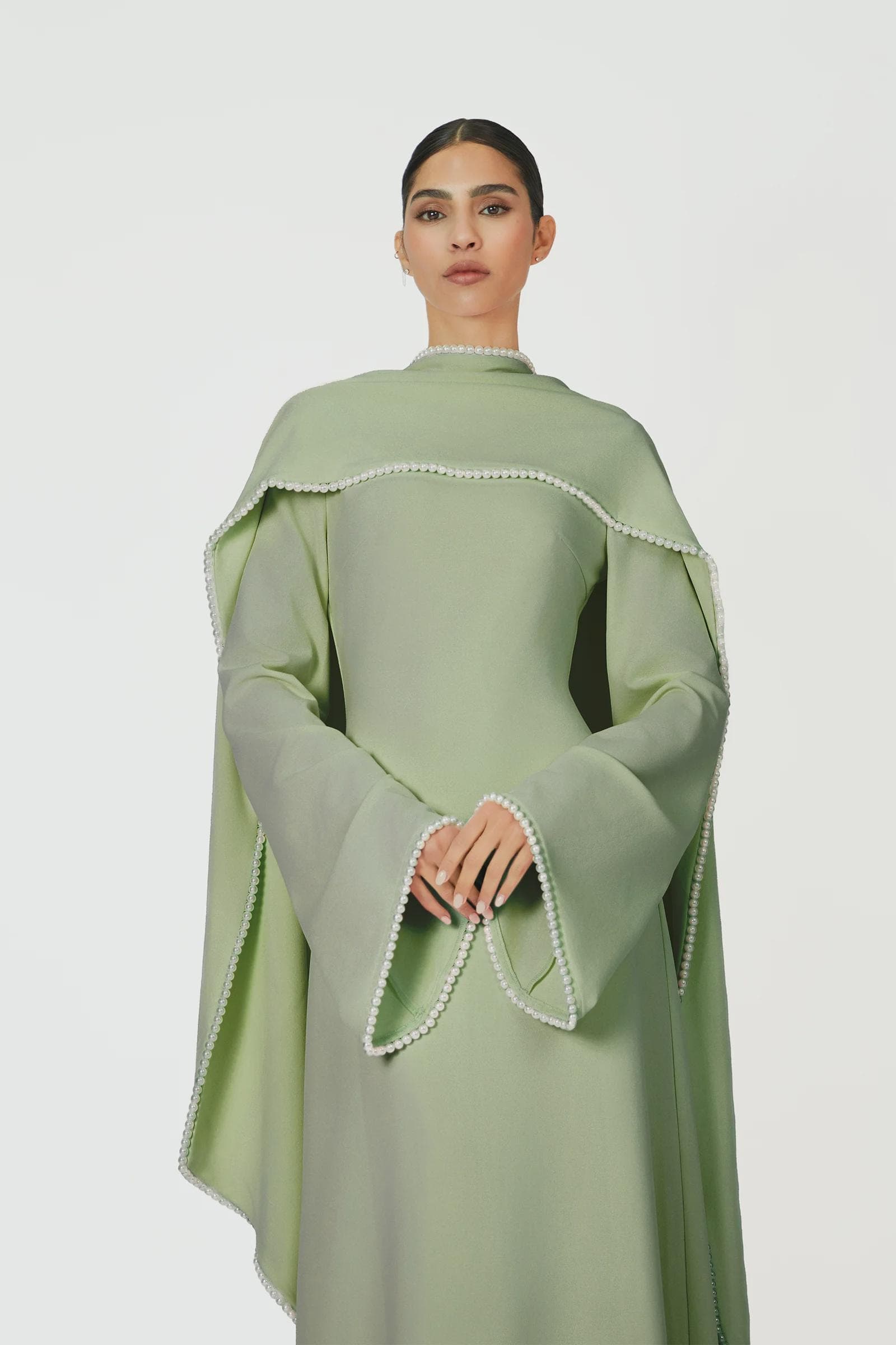 A-line pearl trim Maxi Dress -  Sage Green | Tzinut Fashion | Modest Gown | Shabbat outfits | Custom made available | More colours available - image 3