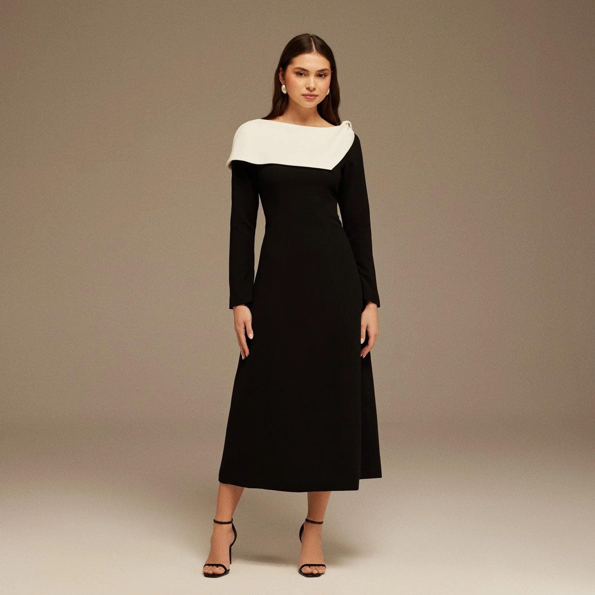 Black and White Folded Neck Long Sleeve Crepe Dress |Tzinut Fashion | Modest Gown | Shabbat outfits | Custom made available |