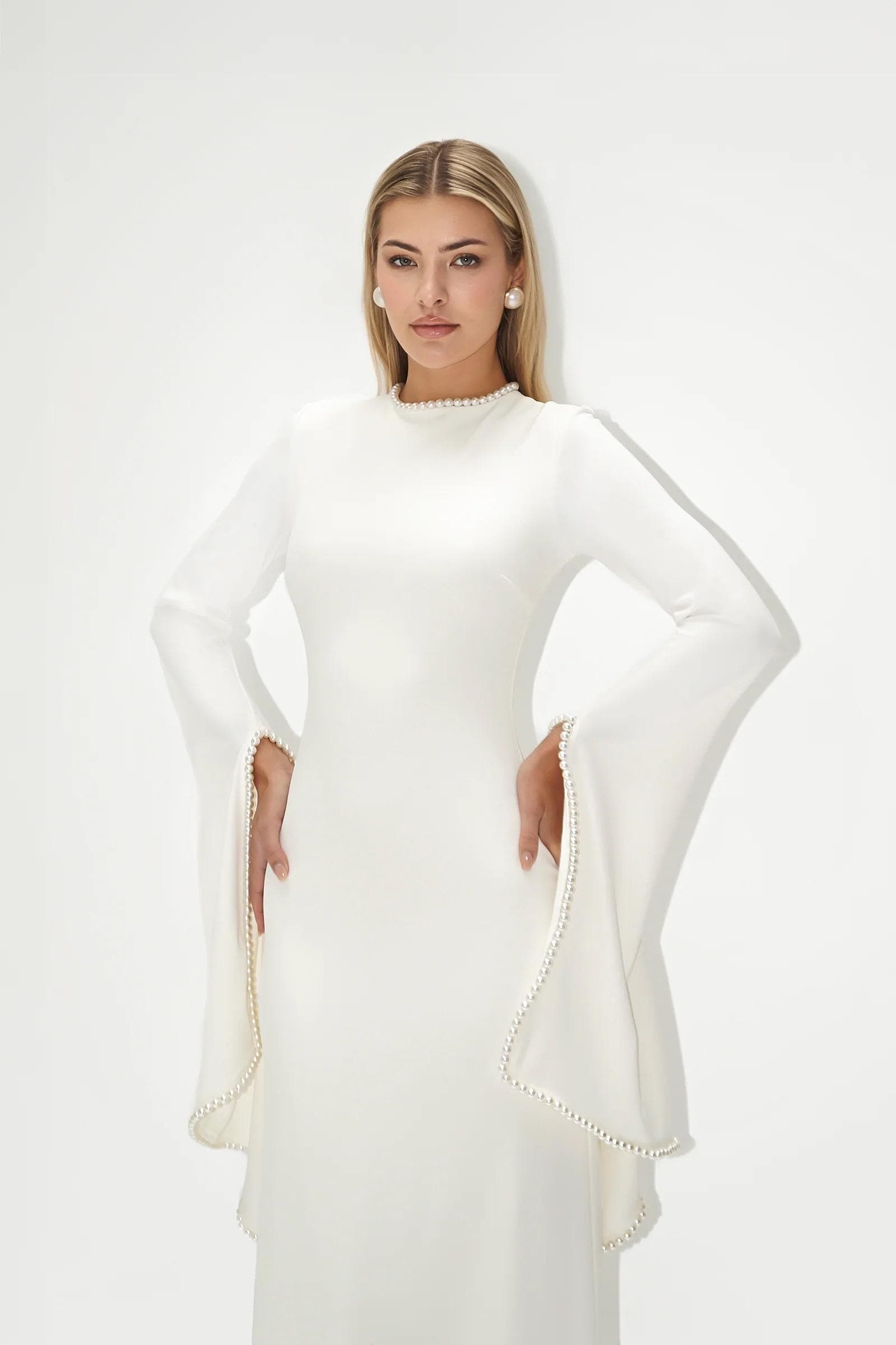A-line pearl trimm Sleeves Maxi Dress - Off White | Tzinut Fashion | Modest Gown | Shabbat outfits | Custom made available - image 4