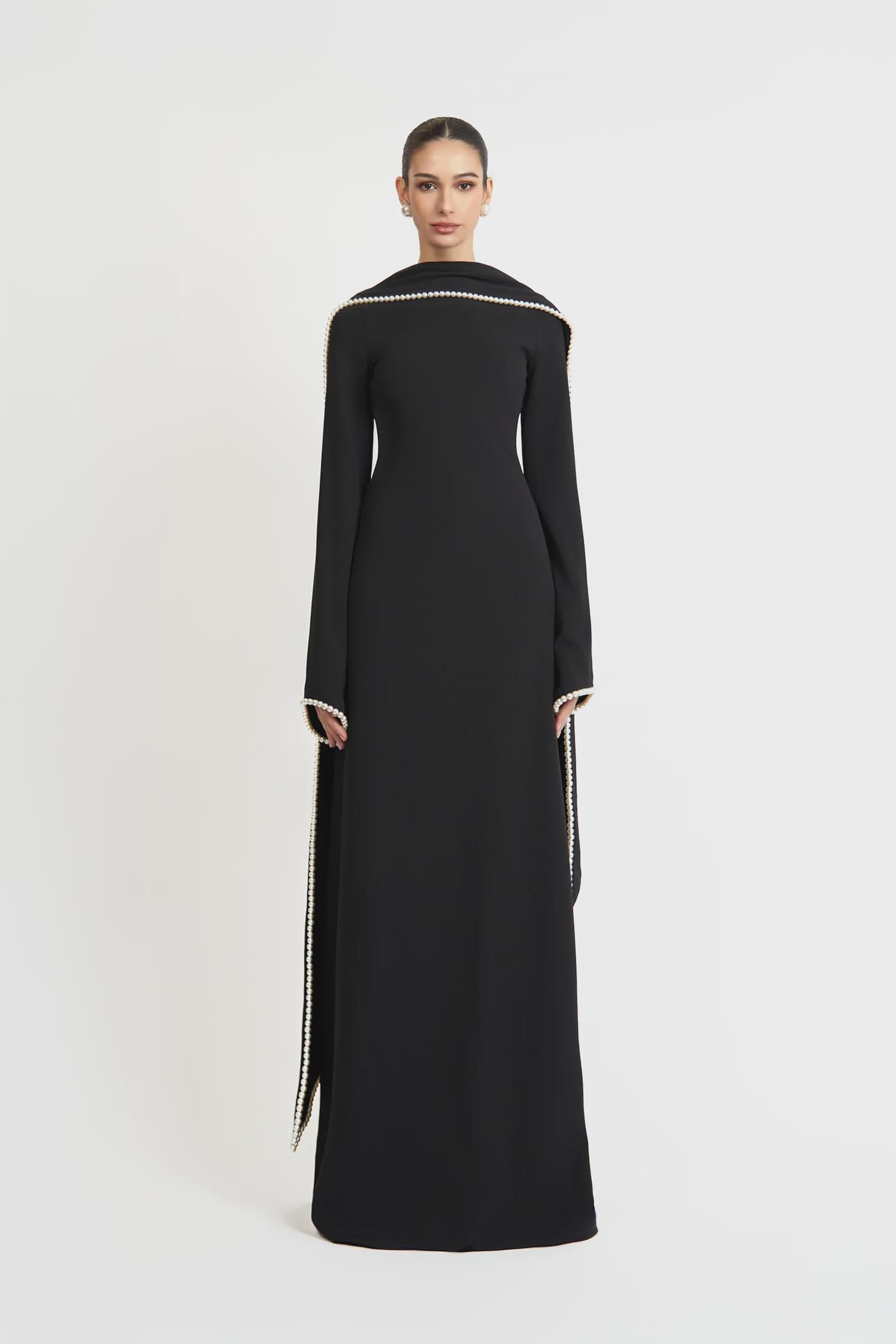 A-line pearl trimm Maxi Dress - Black | Tzinut Fashion | Modest Gown | Shabbat outfits | Custom made available | More colours available