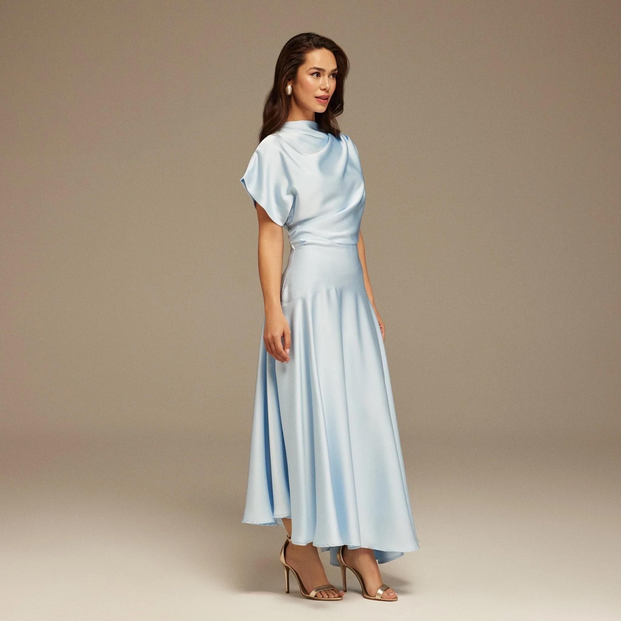 Light Blue Short Sleeve Asymmetric Satin Dress | Tzinut Fashion | Modest Gown | Custom made available | More colours available