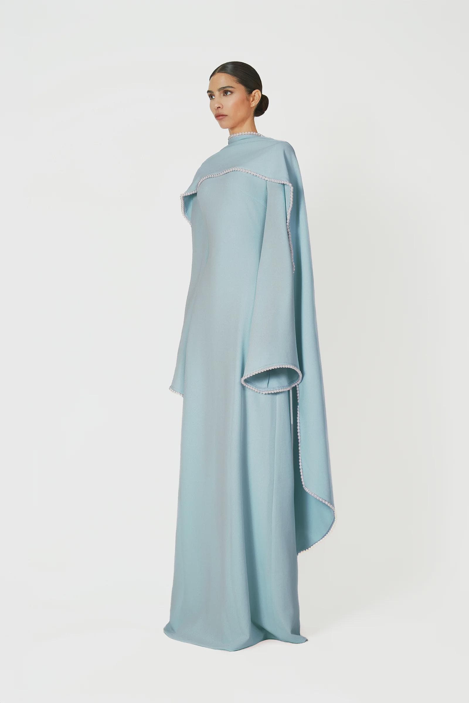 A-line pearl trimm Maxi Dress -  Baby Blue | Tzinut Fashion | Modest Gown | Shabbat outfits | Custom made available | More colours available - image 4