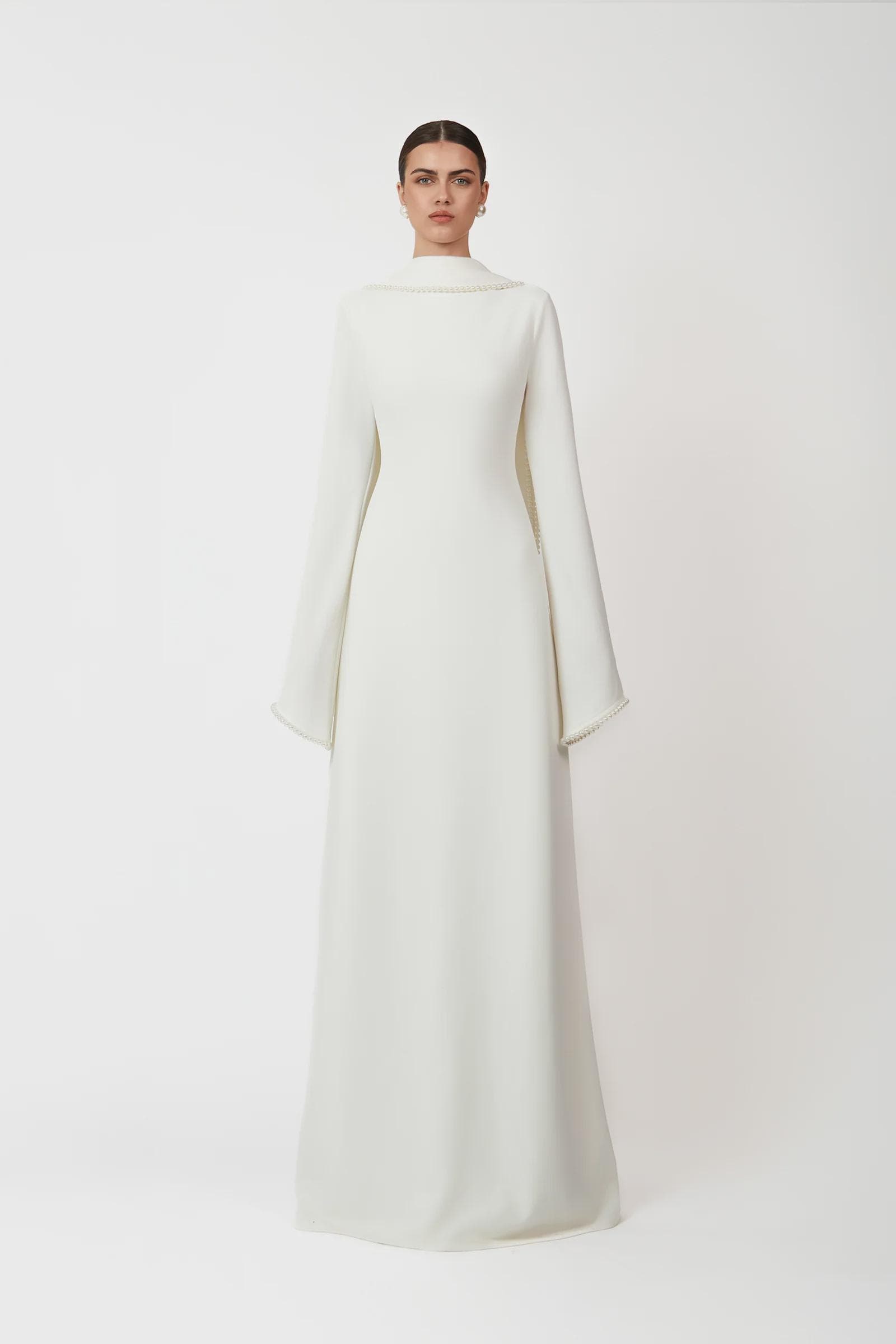 A-line pearl trimm Maxi Dress - Off White | Tzinut Fashion | Modest Gown | Shabbat outfits | Custom made available | More colours available