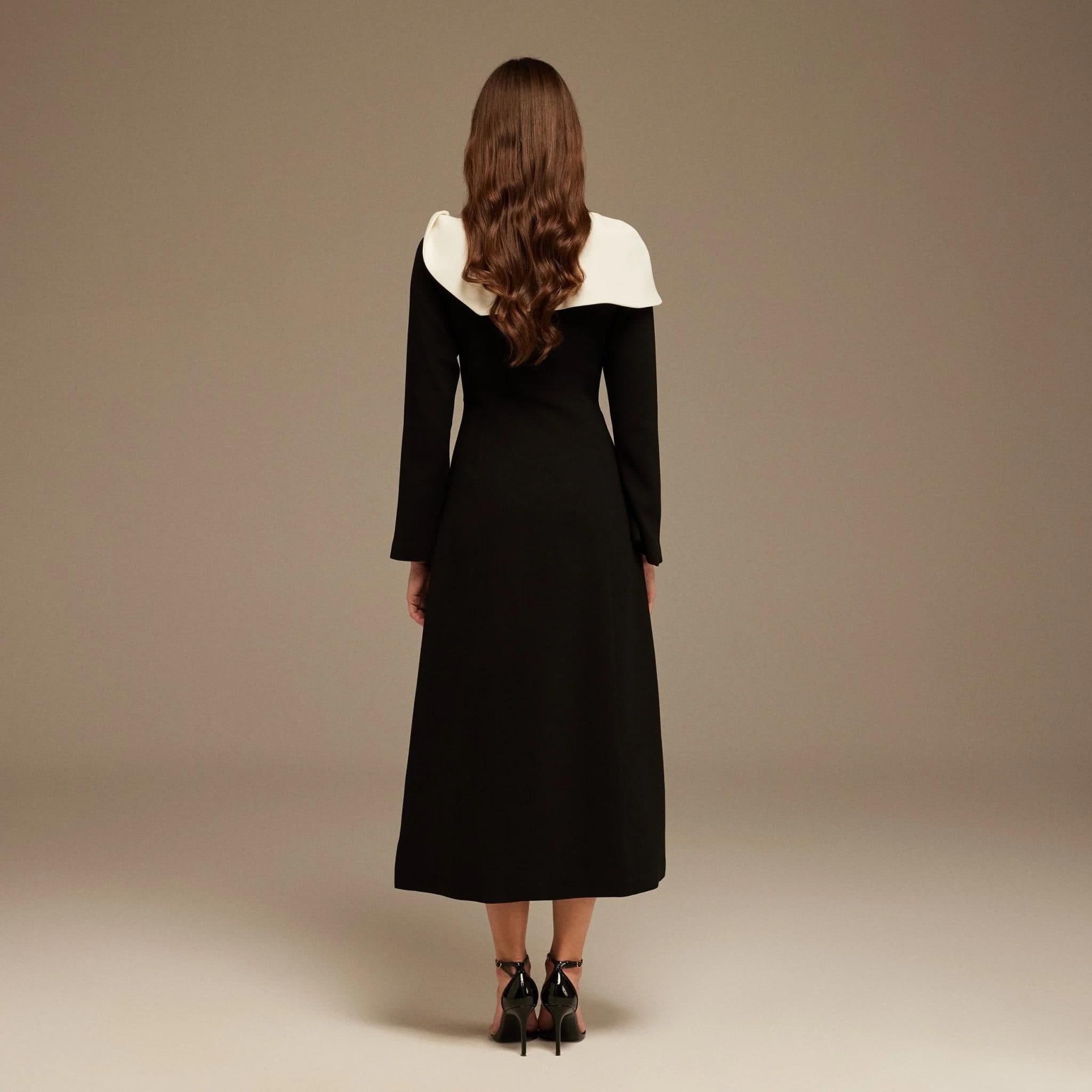 Black and White Folded Neck Long Sleeve Crepe Dress |Tzinut Fashion | Modest Gown | Shabbat outfits | Custom made available | - image 5