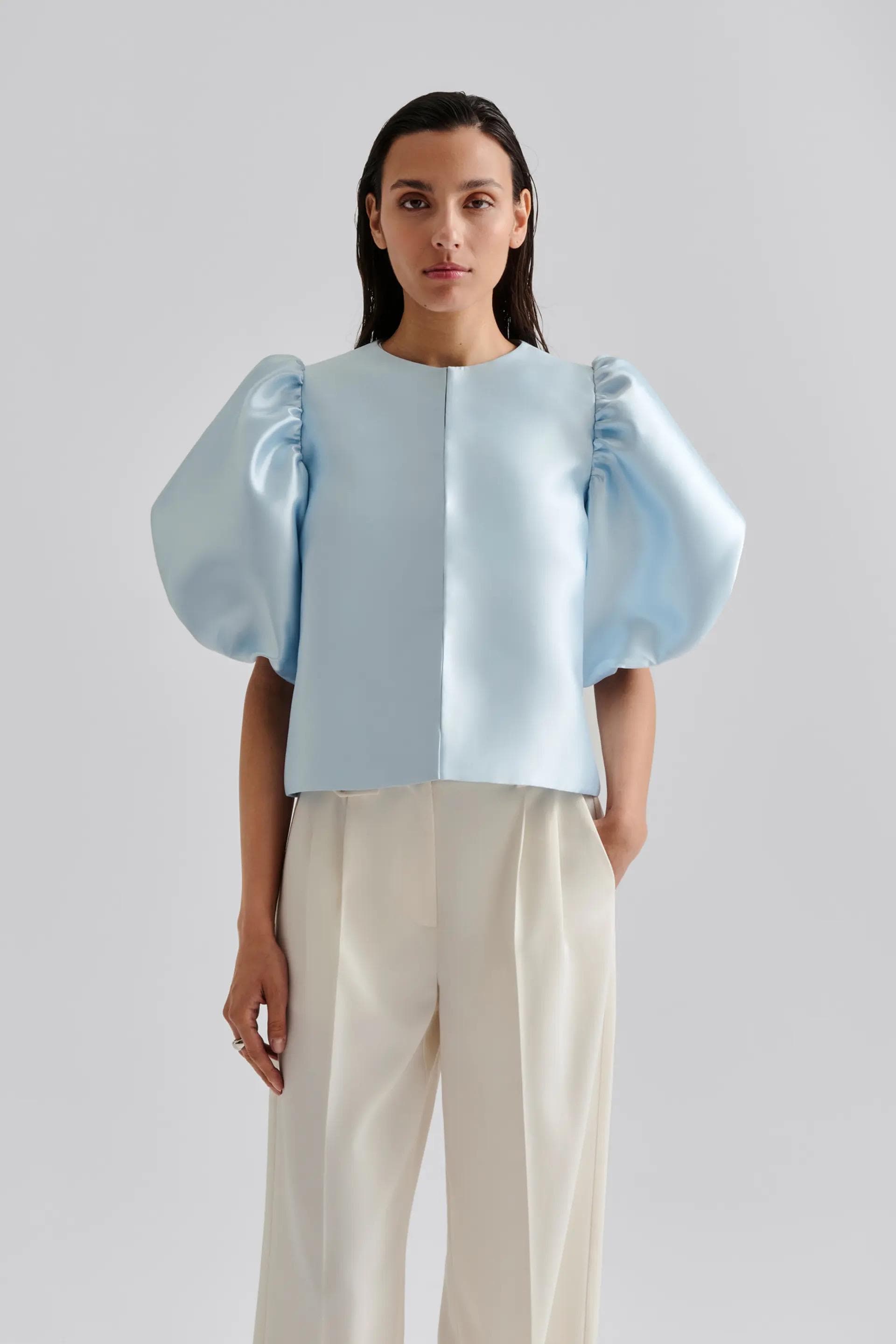 Blouse with pouf balloon sleeve in blue | Modest Fashion | Elegant style | Women business outfit| Made to measure available |more colours