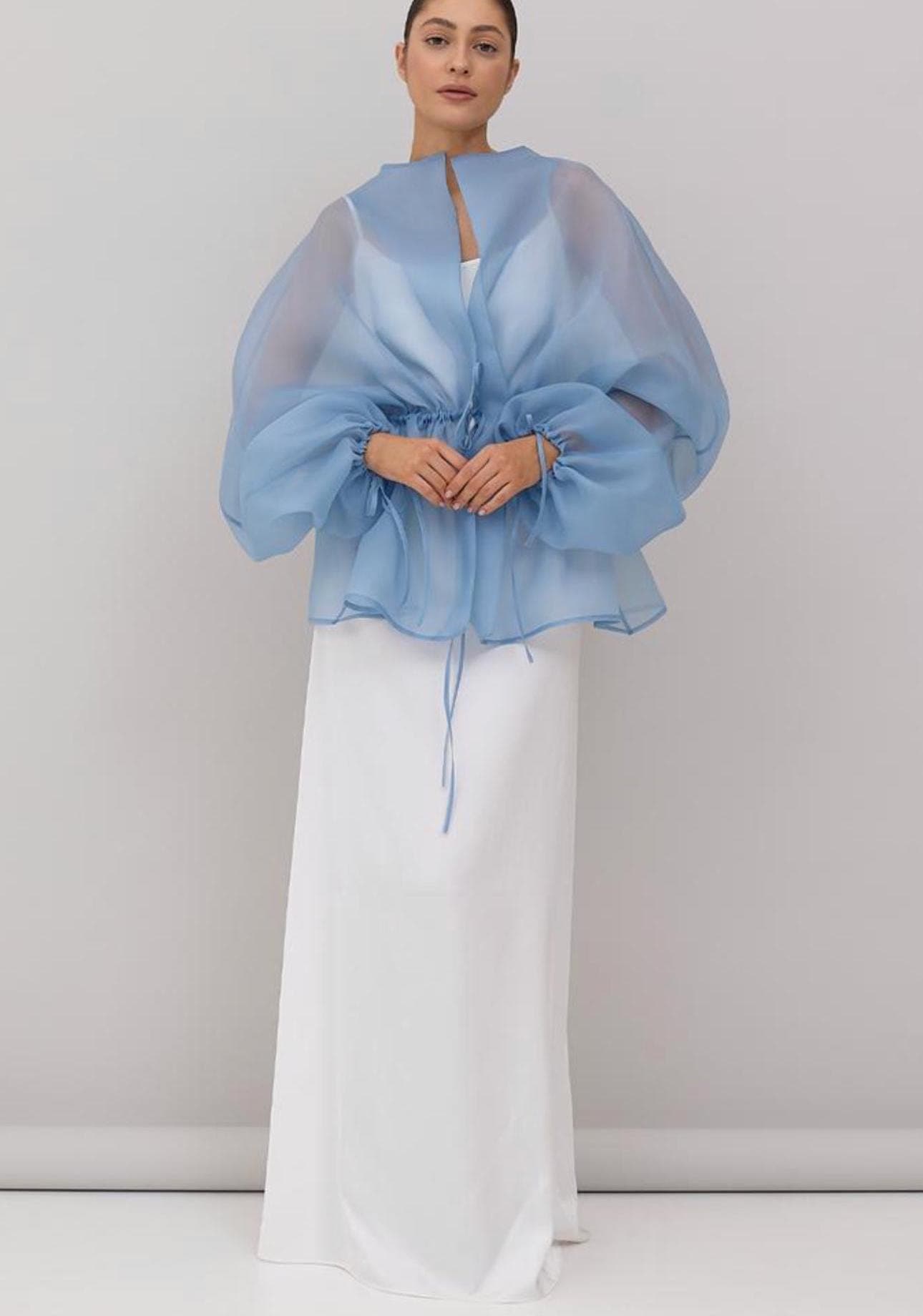 Organza blouse blue | Can be lined  | modest top |Business style blouse| Tzinut clothing | Minimalist design | Custom made - image 3