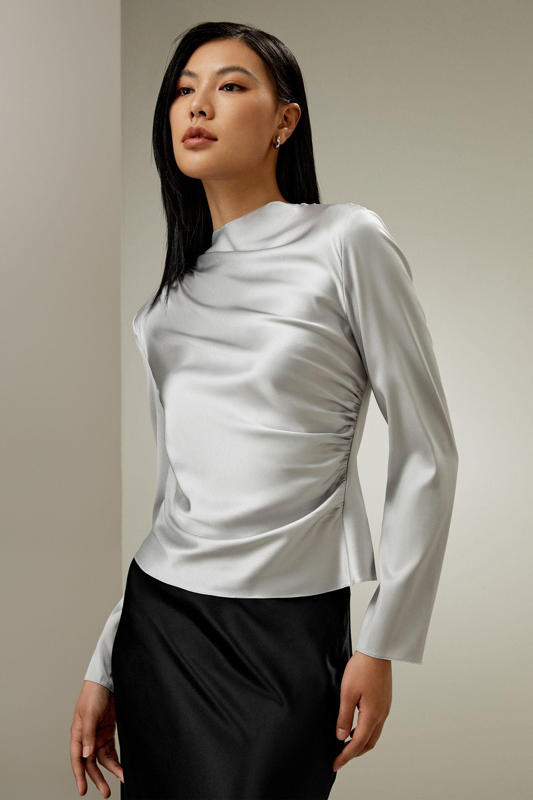Oblique Wave Satin  Blouse in Silver Grey | Modest top | Modest fashion | Custom made available | Other colours available | Long sleeve top.