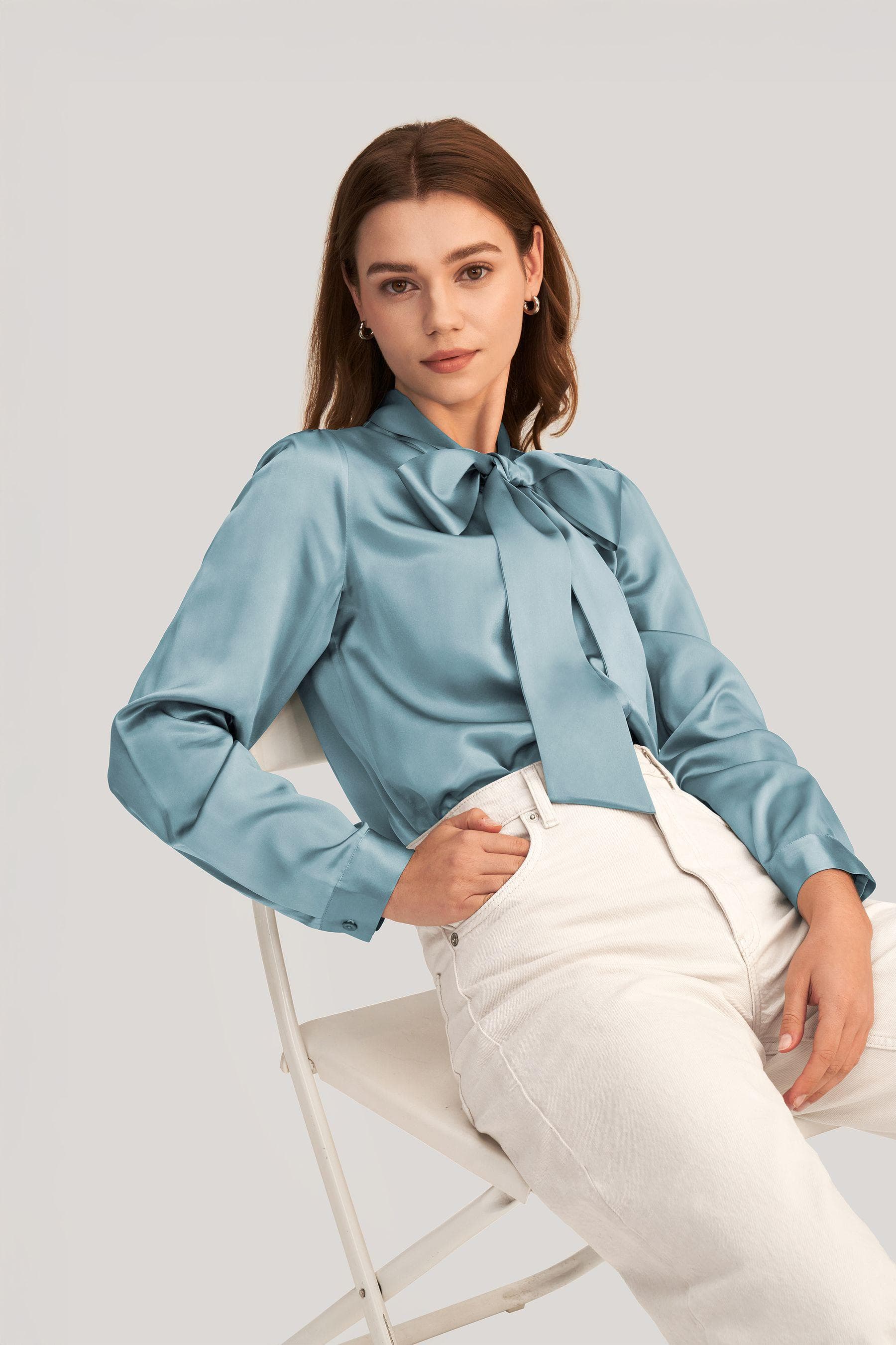 Women Bow-tie Neck Silk Blouse in blue haze | Modest Fashion |Made to measure available|More colours available |Tzinut Styles |Kosher outfit - image 3