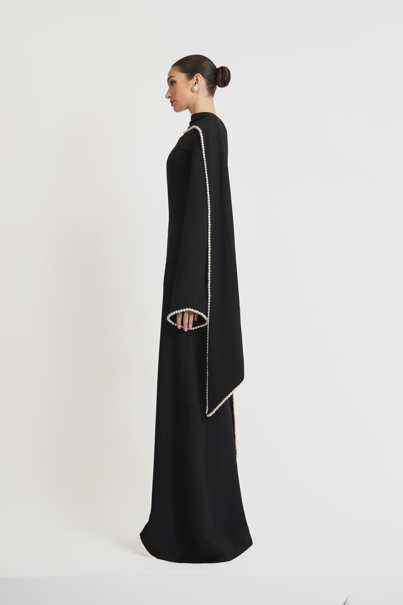 A-line pearl trimm Maxi Dress - Black | Tzinut Fashion | Modest Gown | Shabbat outfits | Custom made available | More colours available - image 5