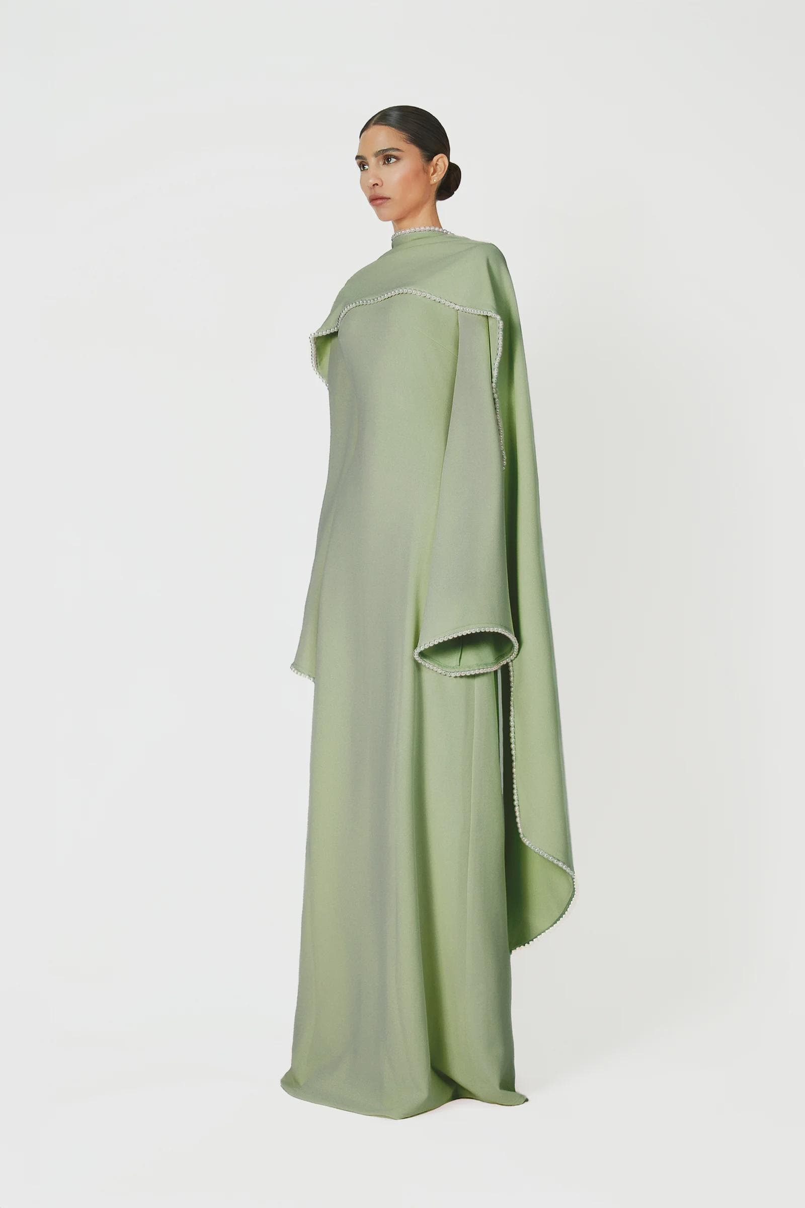 A-line pearl trim Maxi Dress -  Sage Green | Tzinut Fashion | Modest Gown | Shabbat outfits | Custom made available | More colours available - image 4